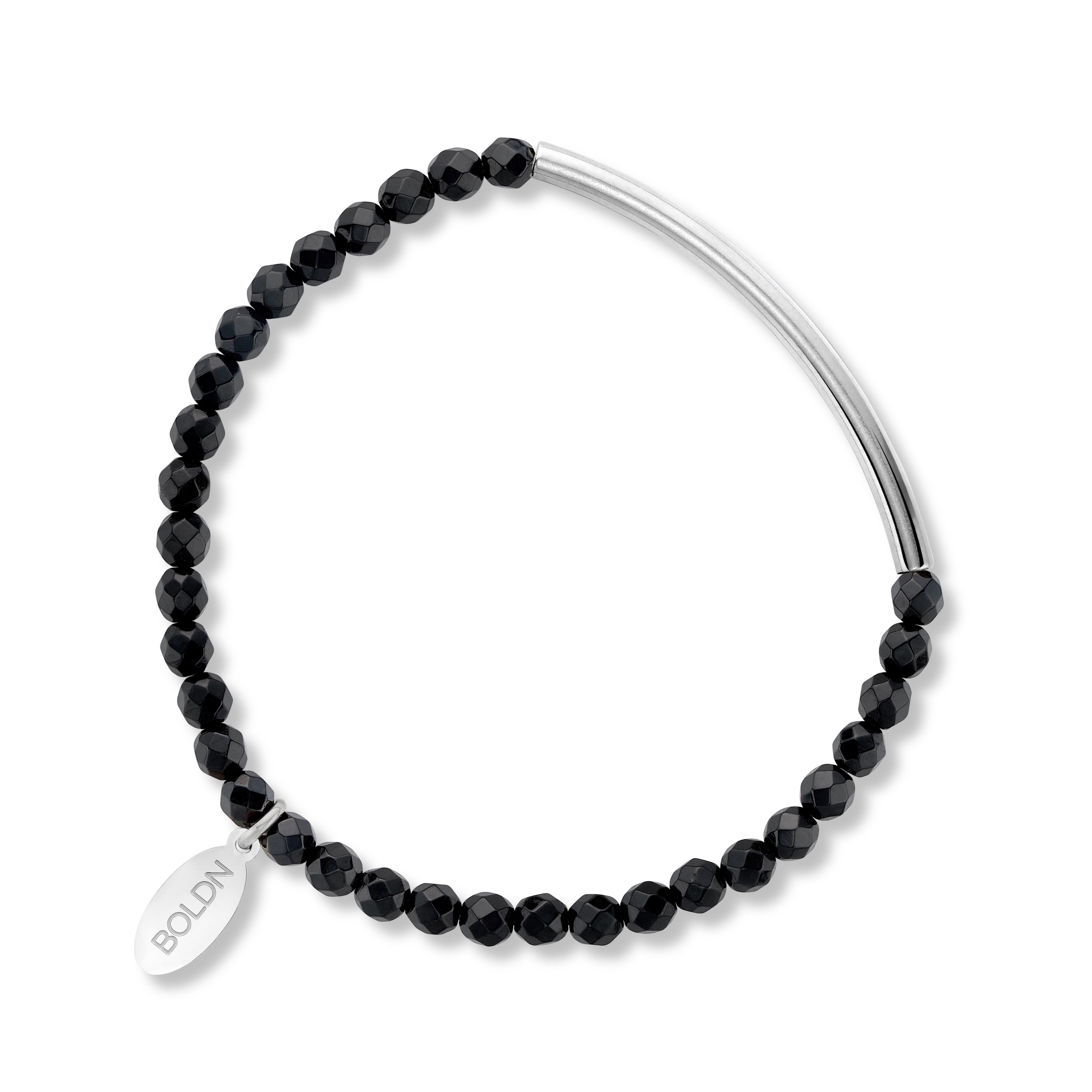 Black beaded bracelet with silver bar on a white background