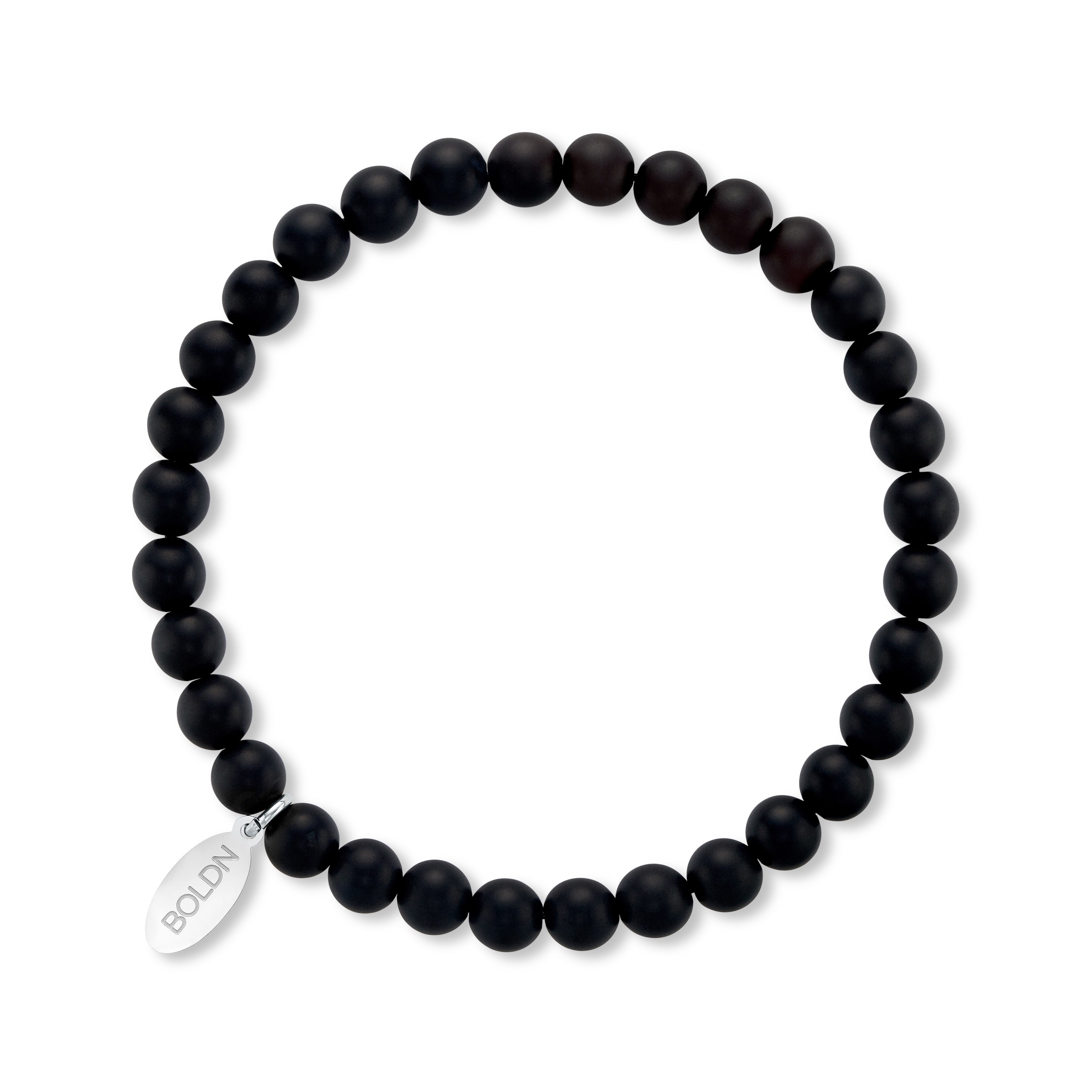 Black beaded bracelet with a silver tag on a white background