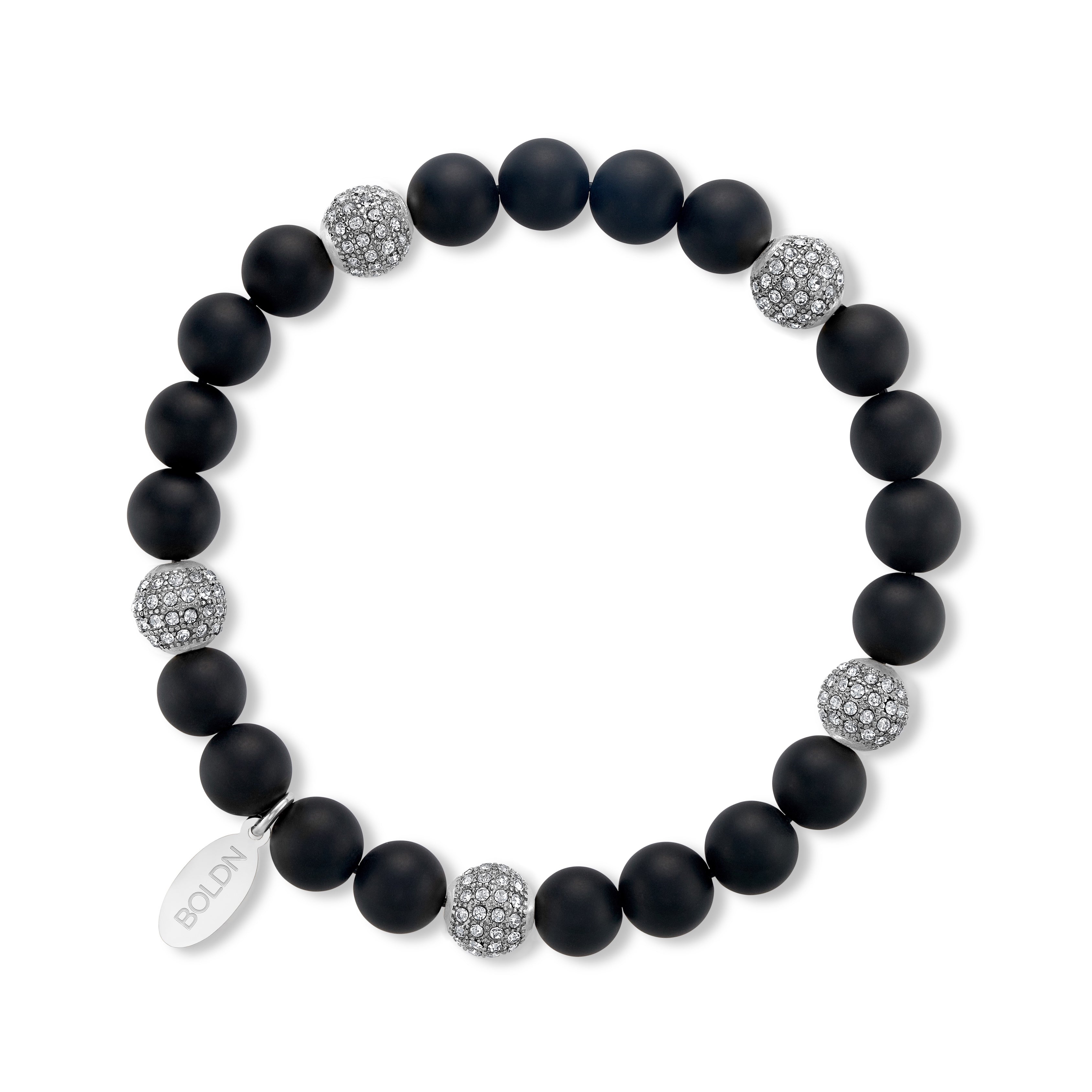 Black beaded bracelet with silver accents on a white background