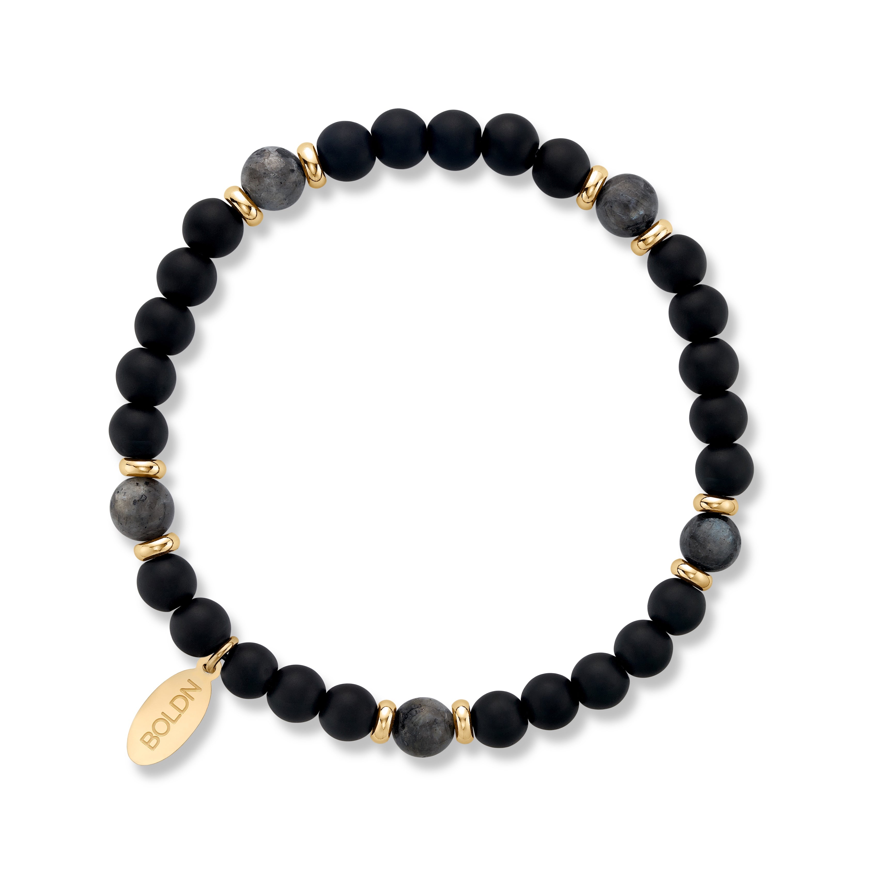 Black beaded bracelet with gold accents on a white background