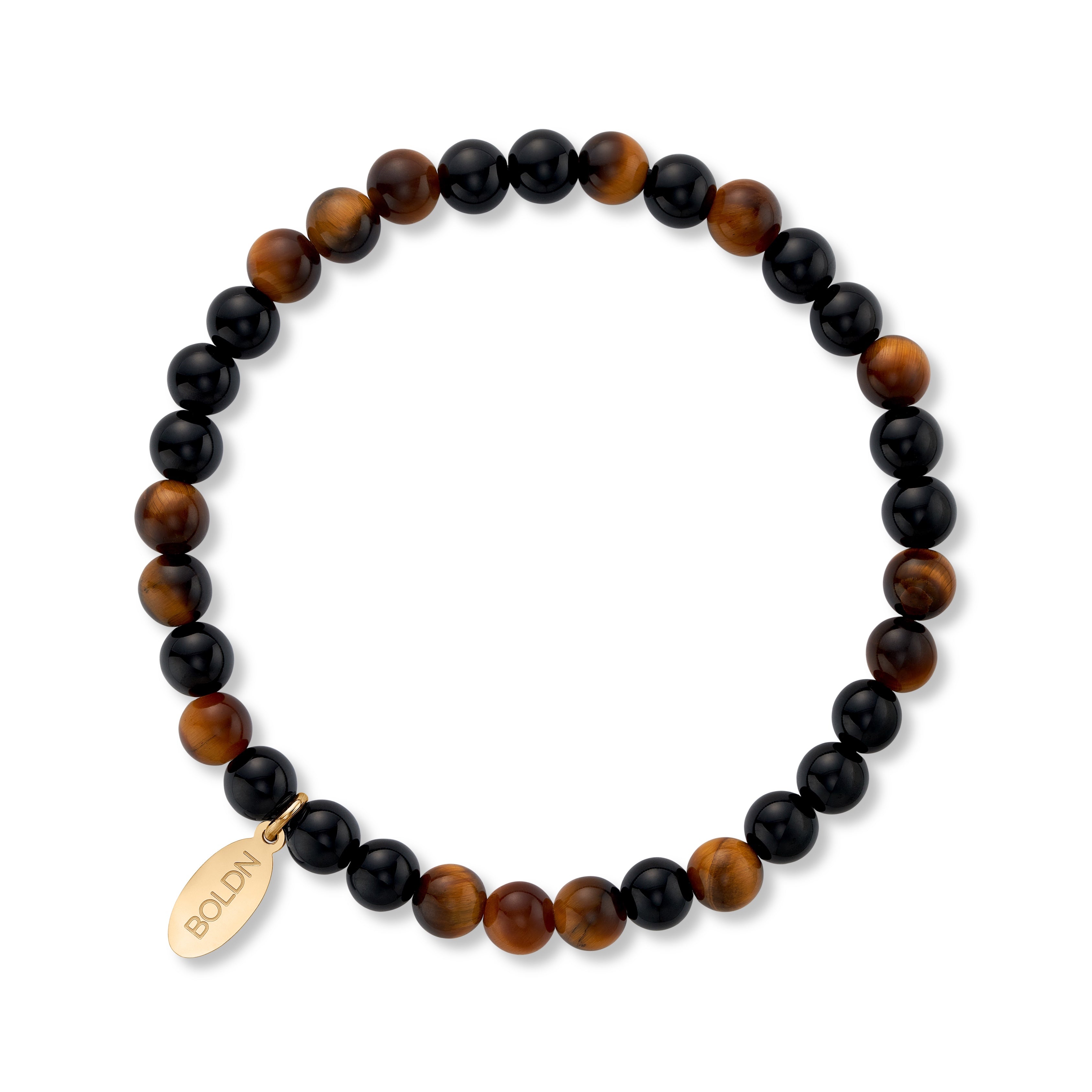 Black and brown beaded bracelet with a gold tag on a white background