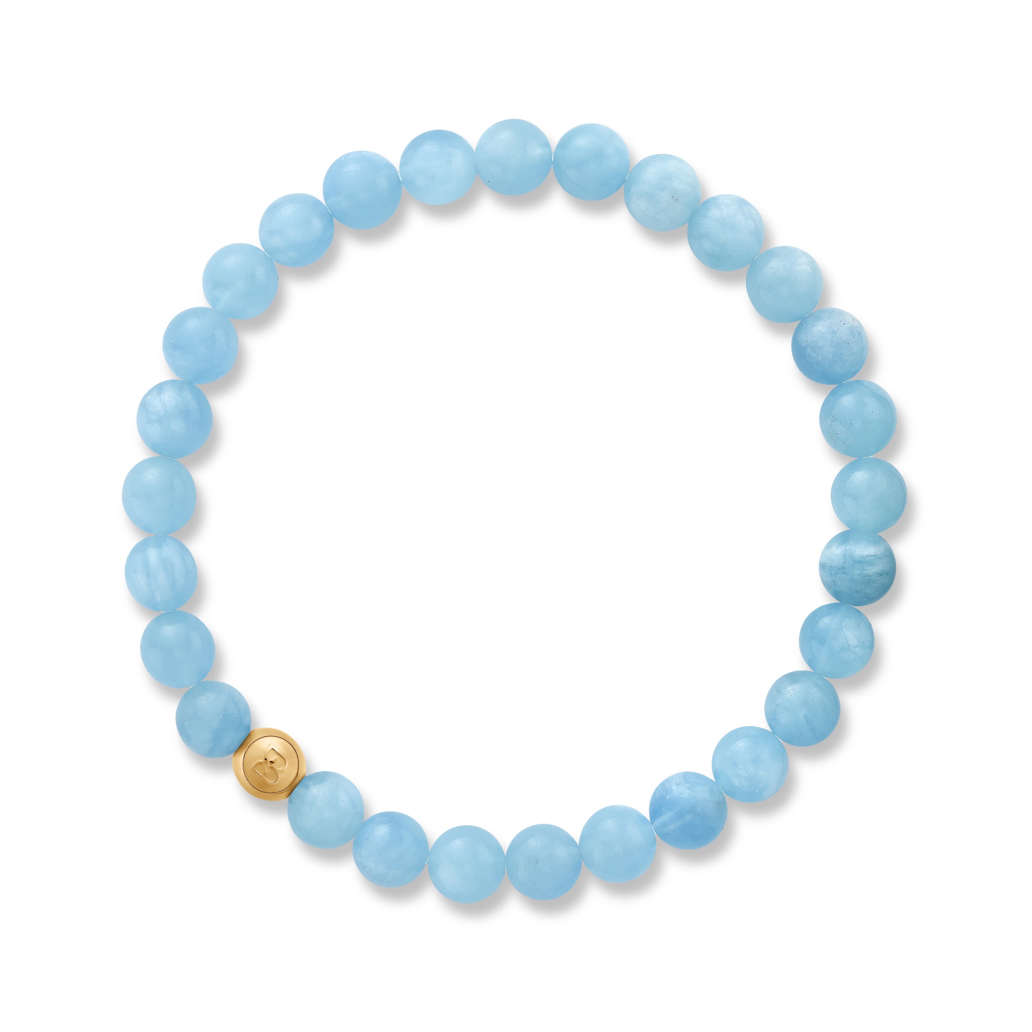 Light blue beaded bracelet with a gold bead on a white background