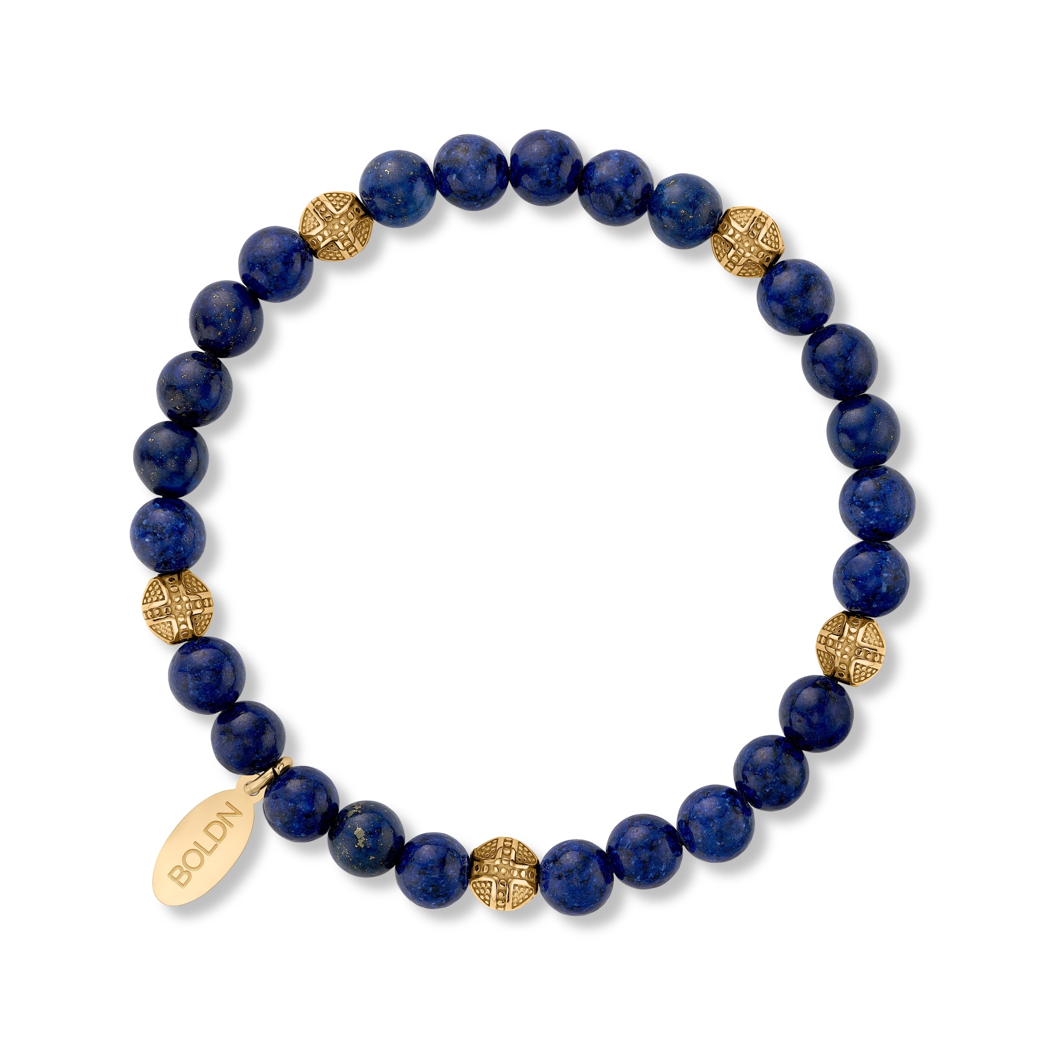 Navy blue beaded bracelet with gold accents on a white background
