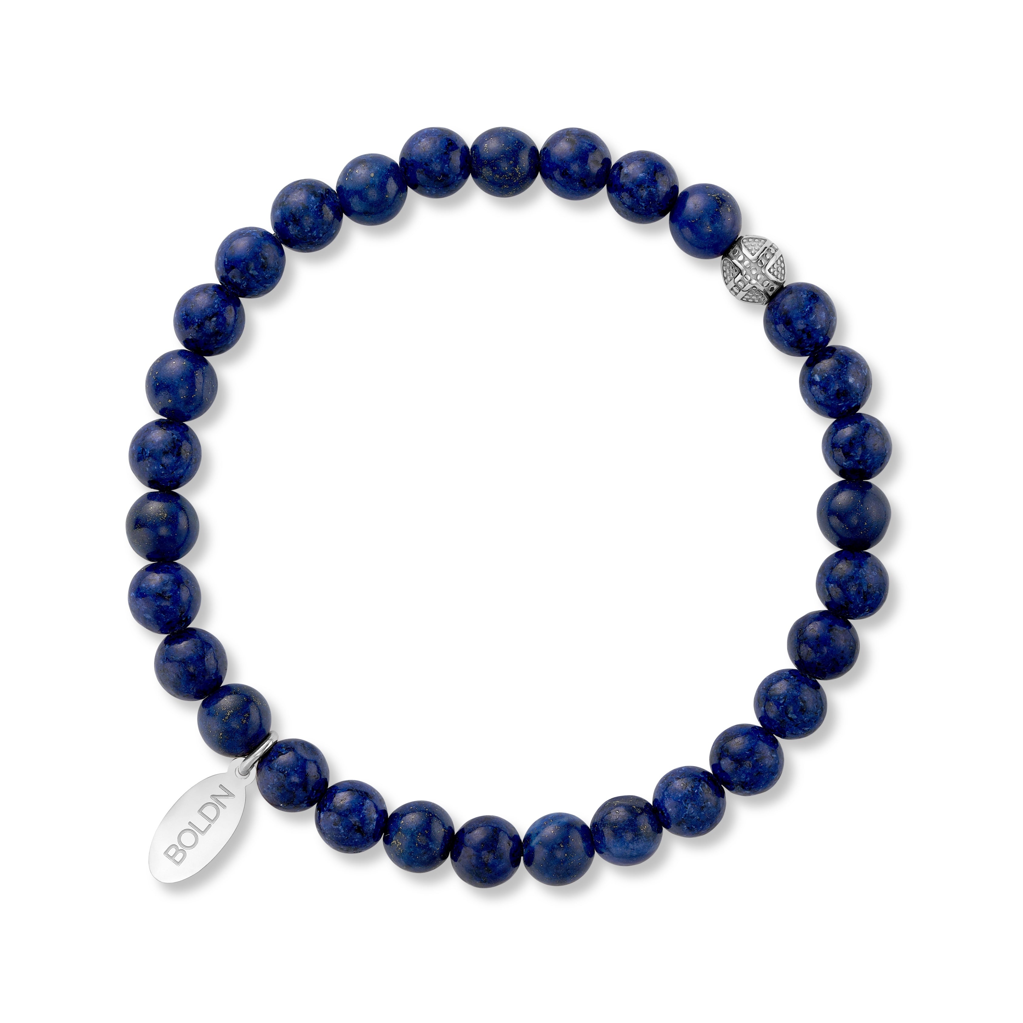 Blue beaded bracelet with a silver tag on a white background