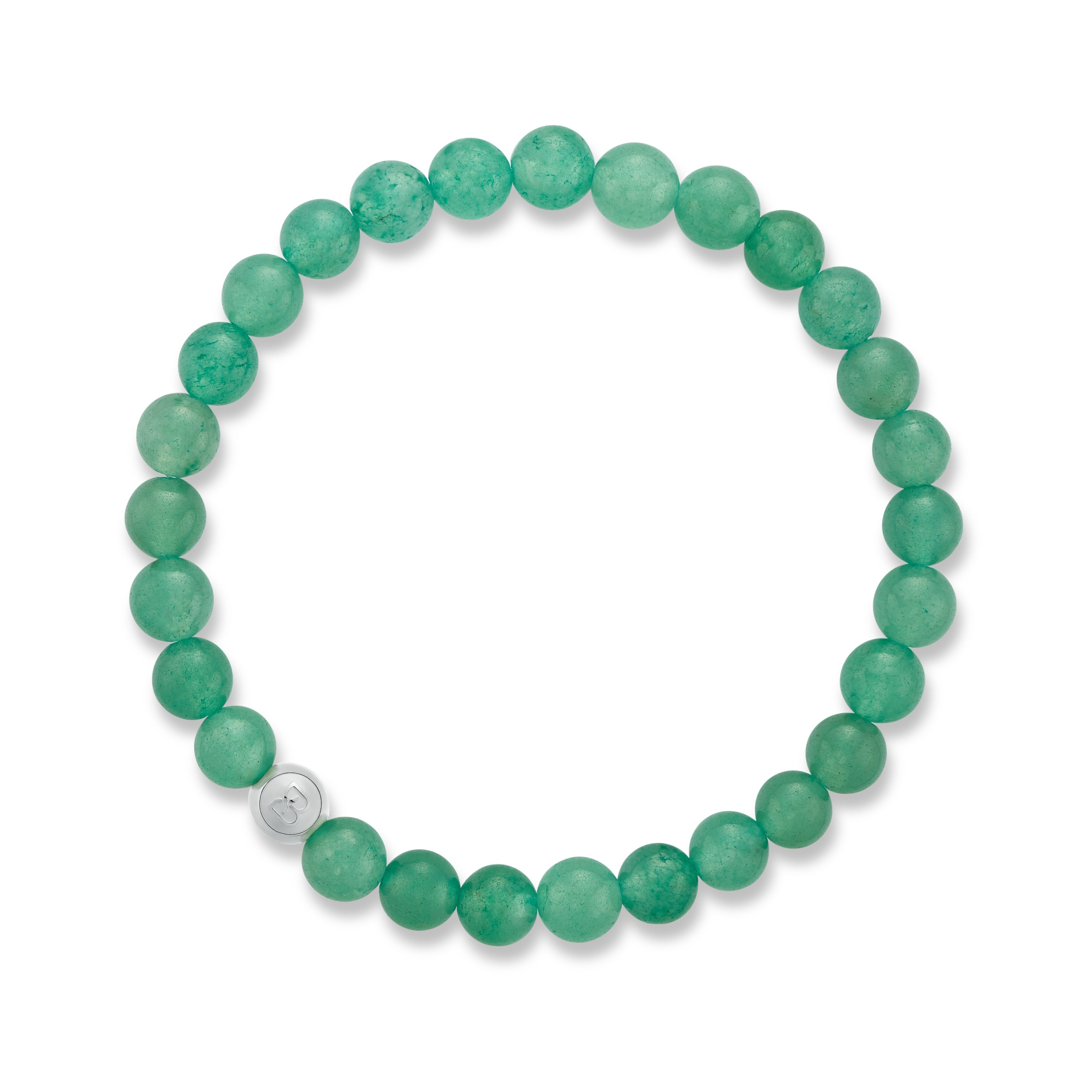Green beaded bracelet with a silver bead on a white background