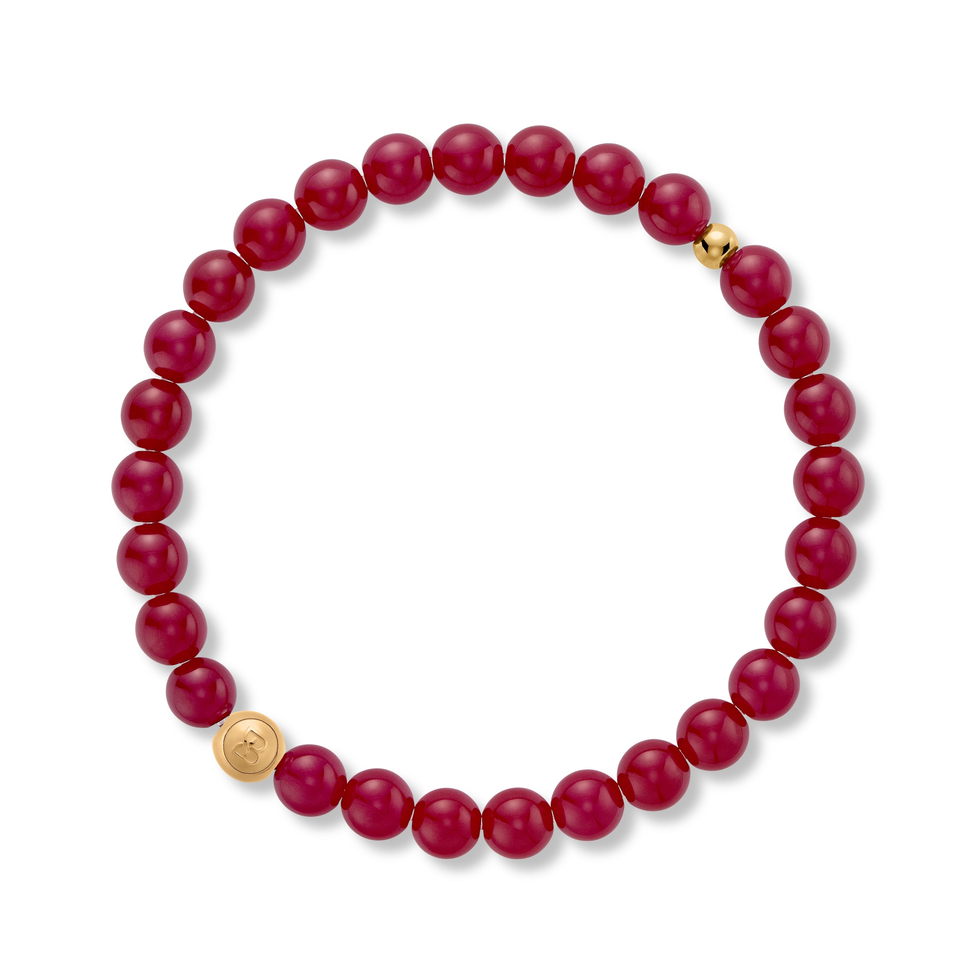 Red beaded bracelet with gold accents on a white background