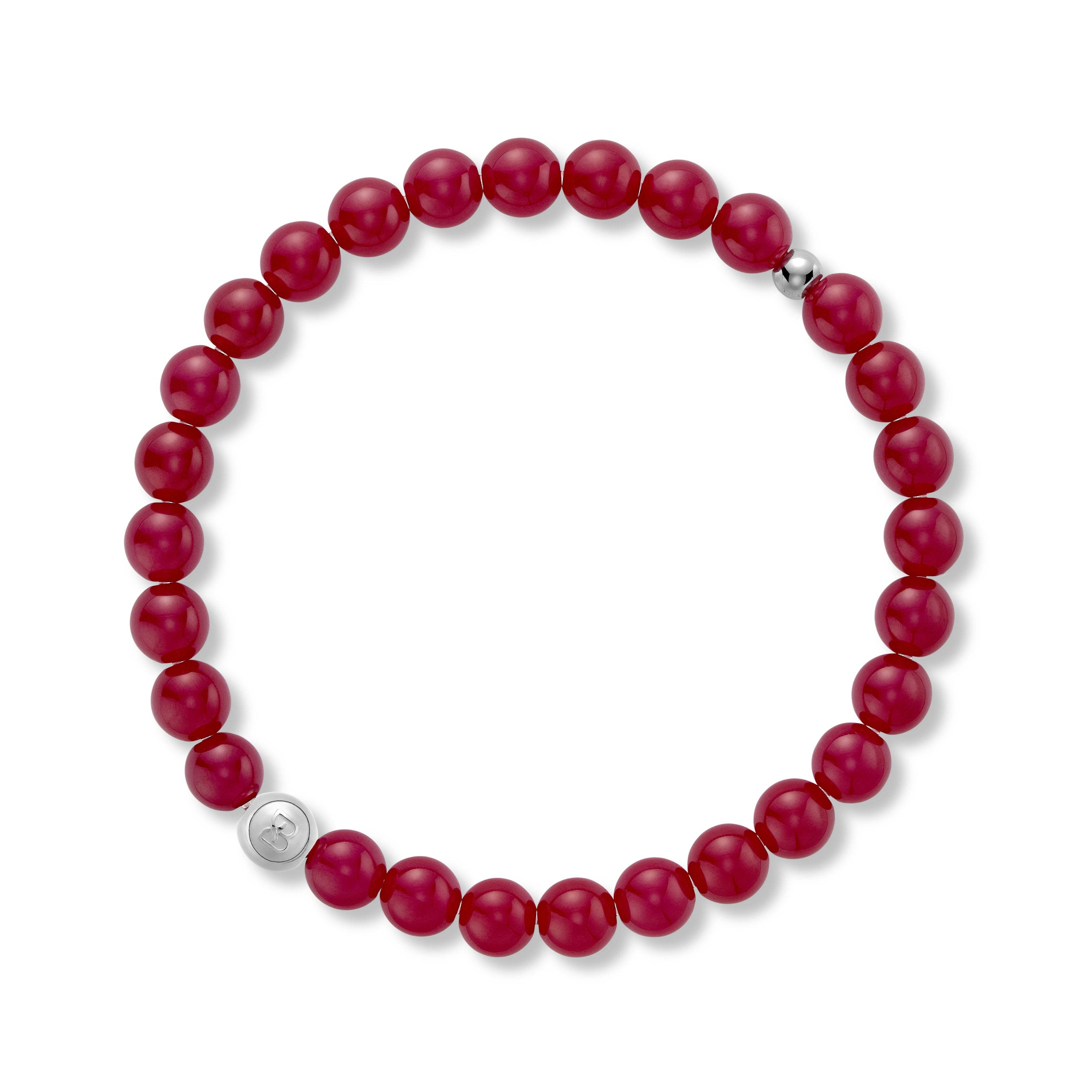 Red ruby 6mm beaded bracelet with silver accent beads and a BOLDN logo charm, displayed on a white background
