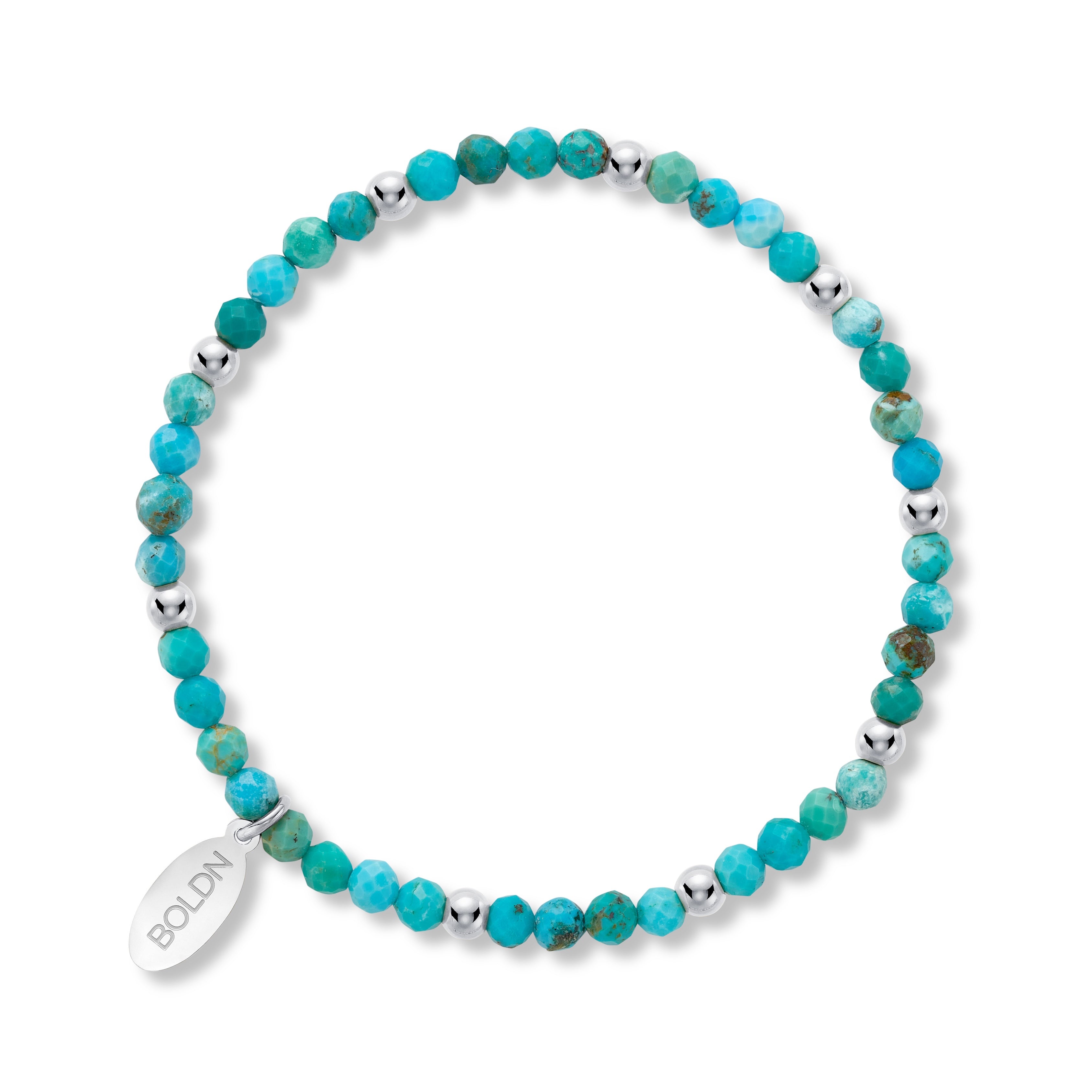 Turquoise beaded bracelet with silver accents on a white background