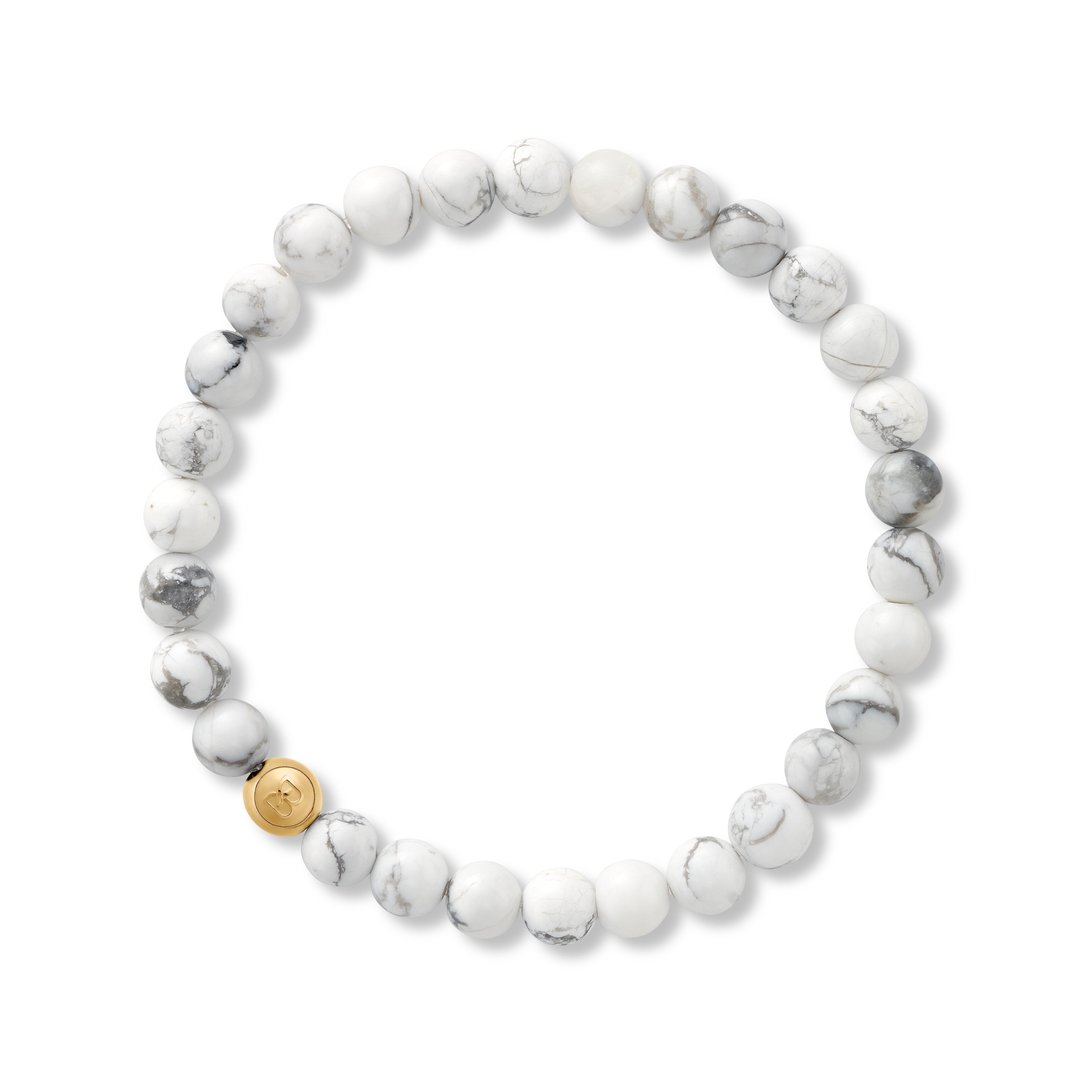 White beaded bracelet with a gold bead on a white background