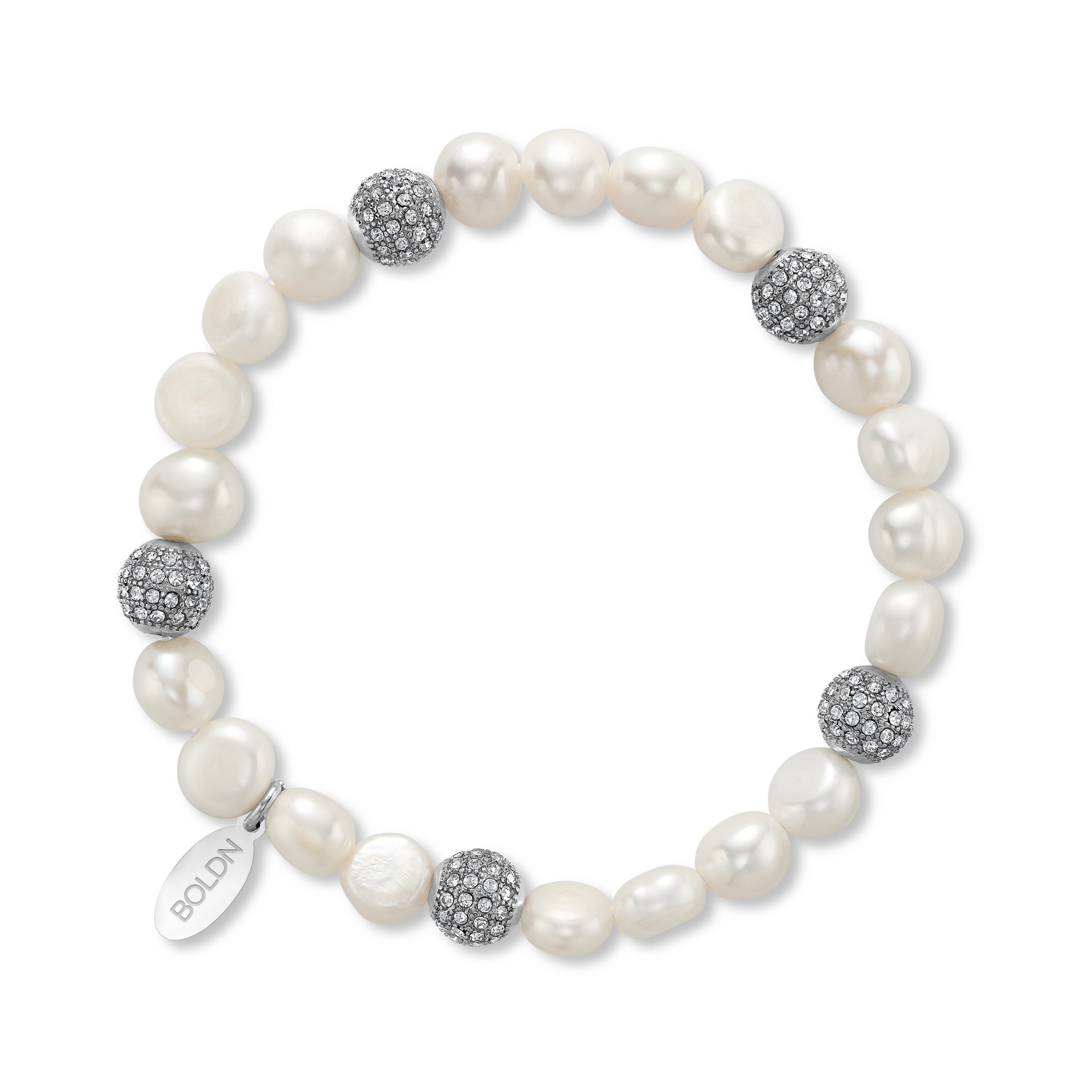 White freshwater 8mm pearl beaded bracelet with silver crystal accent beads and a BOLDN logo charm, displayed on a white background
