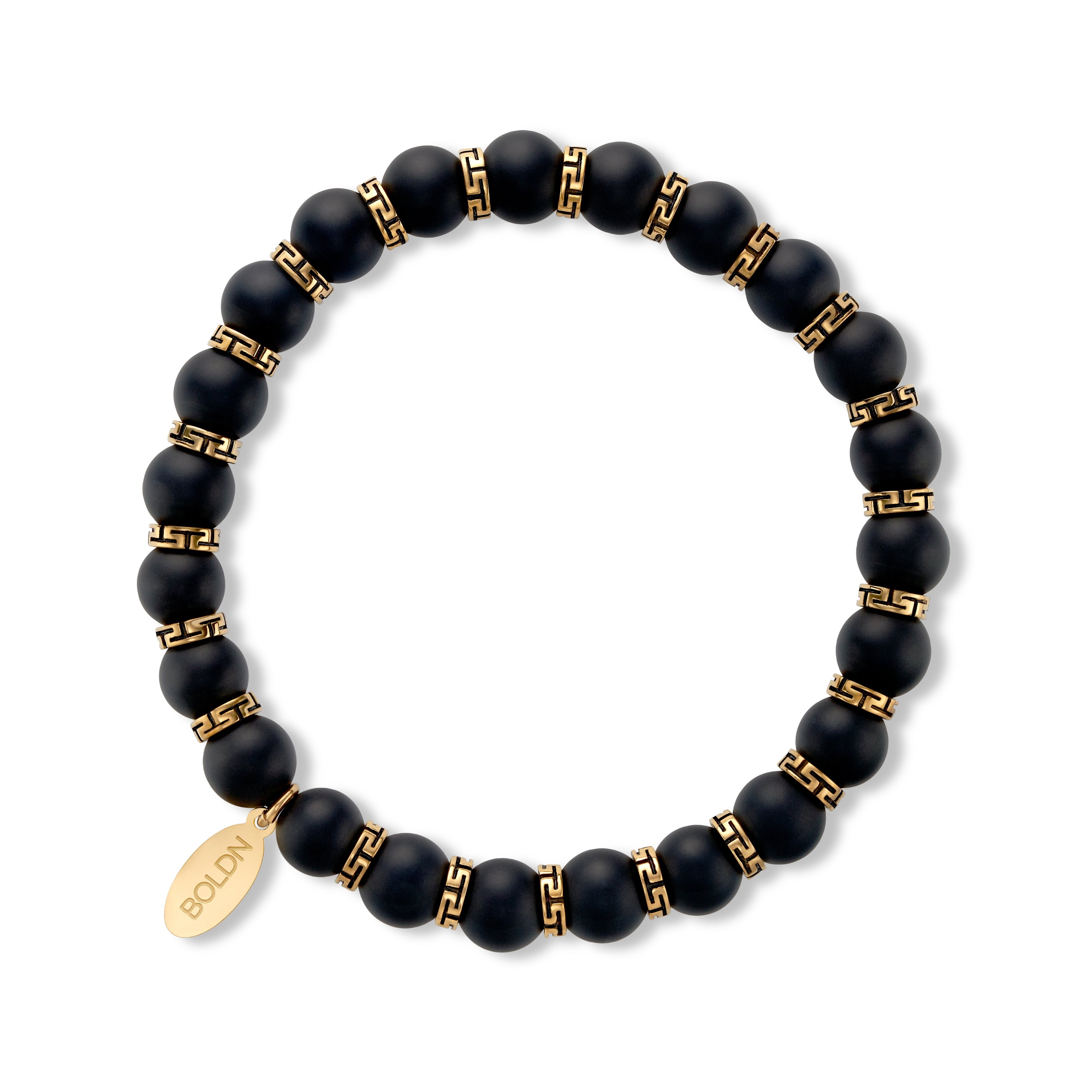 Black onyx 8mm beaded bracelet with gold accent spacers and a BOLDN logo charm, displayed on a white background
