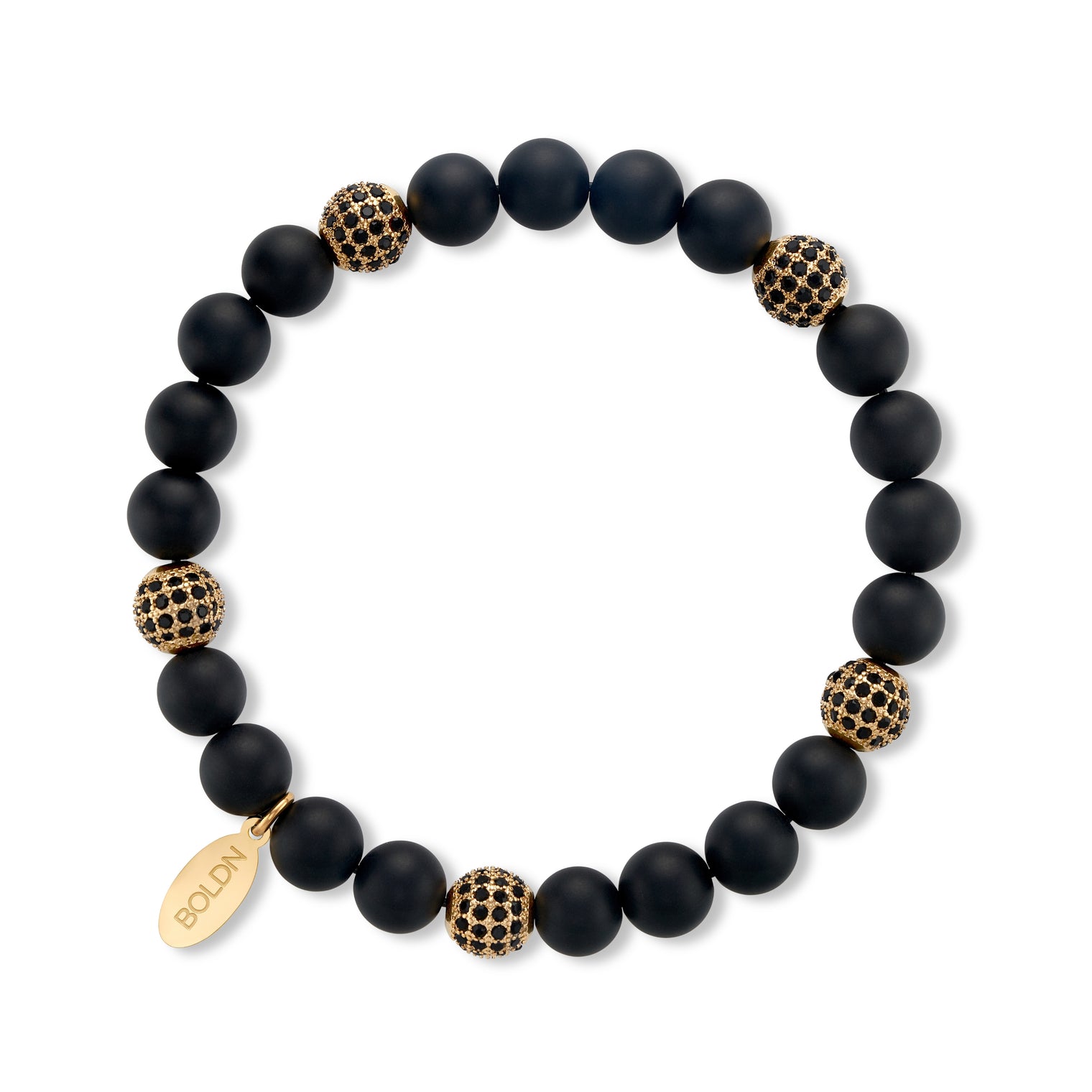 Matte black onyx 8mm beaded bracelet with gold crystal accent beads and a BOLDN logo charm, displayed on a white background