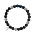 Black beaded bracelet with silver accents on a white background