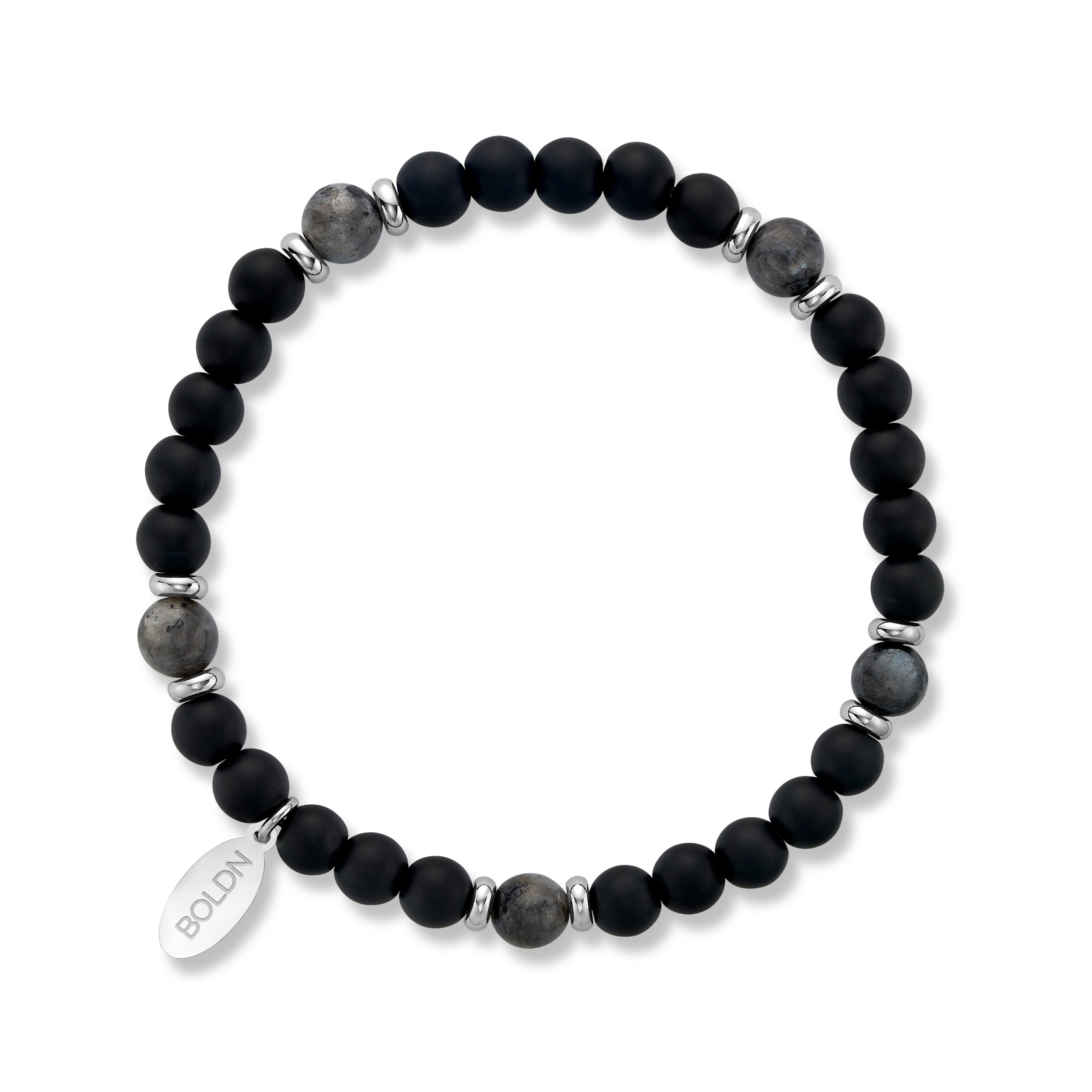 Matte black onyx and larvikite beaded bracelet with silver spacer accents and a BOLDN logo charm, displayed on a white background