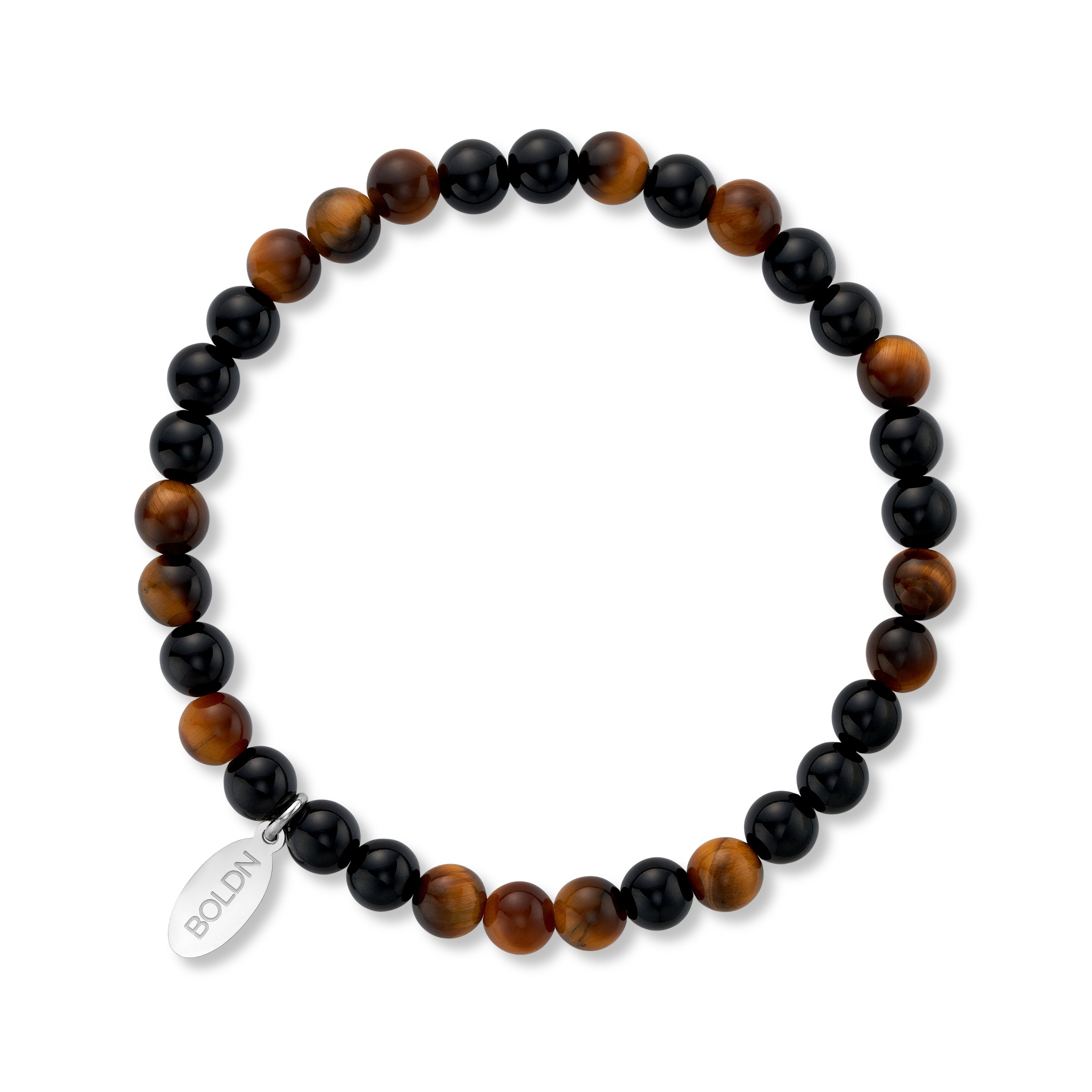 Black onyx and tiger’s eye beaded bracelet with a silver BOLDN logo charm, displayed on a white background