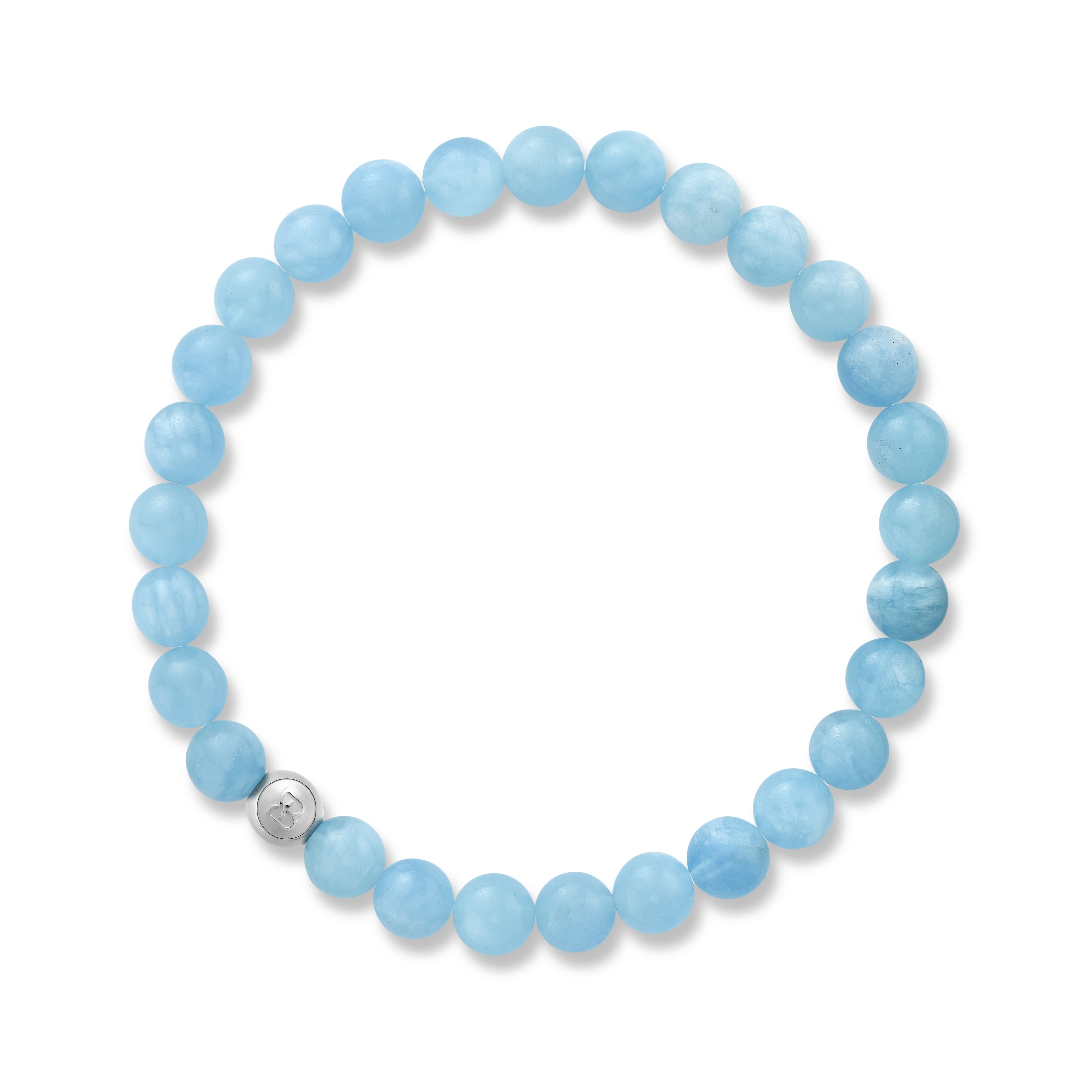 Blue aquamarine beaded bracelet with a silver accent bead and a BOLDN logo charm, displayed on a white background