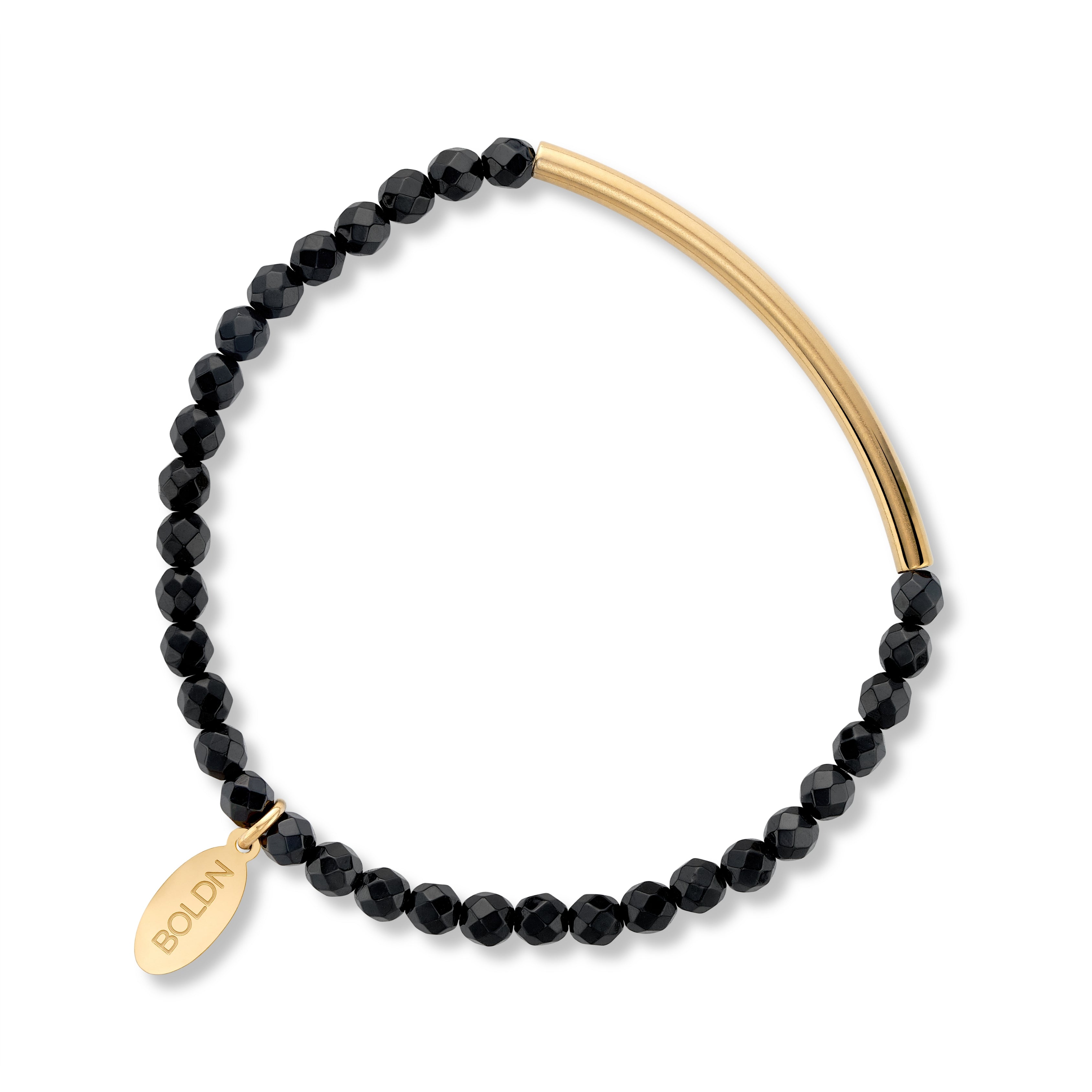 Faceted black onyx 4mm bracelet with a sleek gold bar accent and a BOLDN logo charm, displayed on a white background