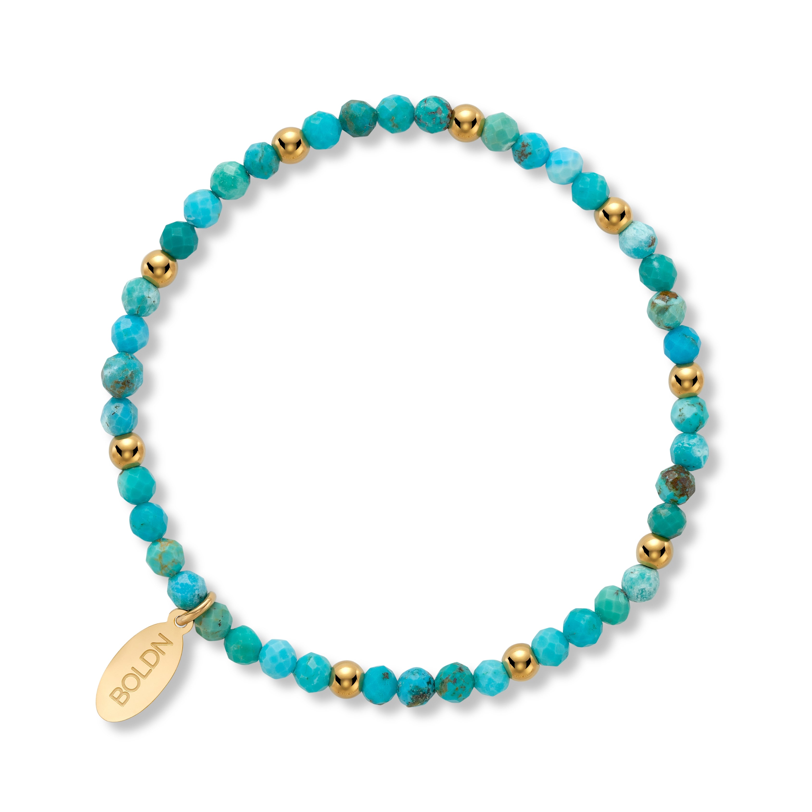 Faceted turquoise 4mm beaded bracelet with gold accent beads and a BOLDN logo charm, displayed on a white background