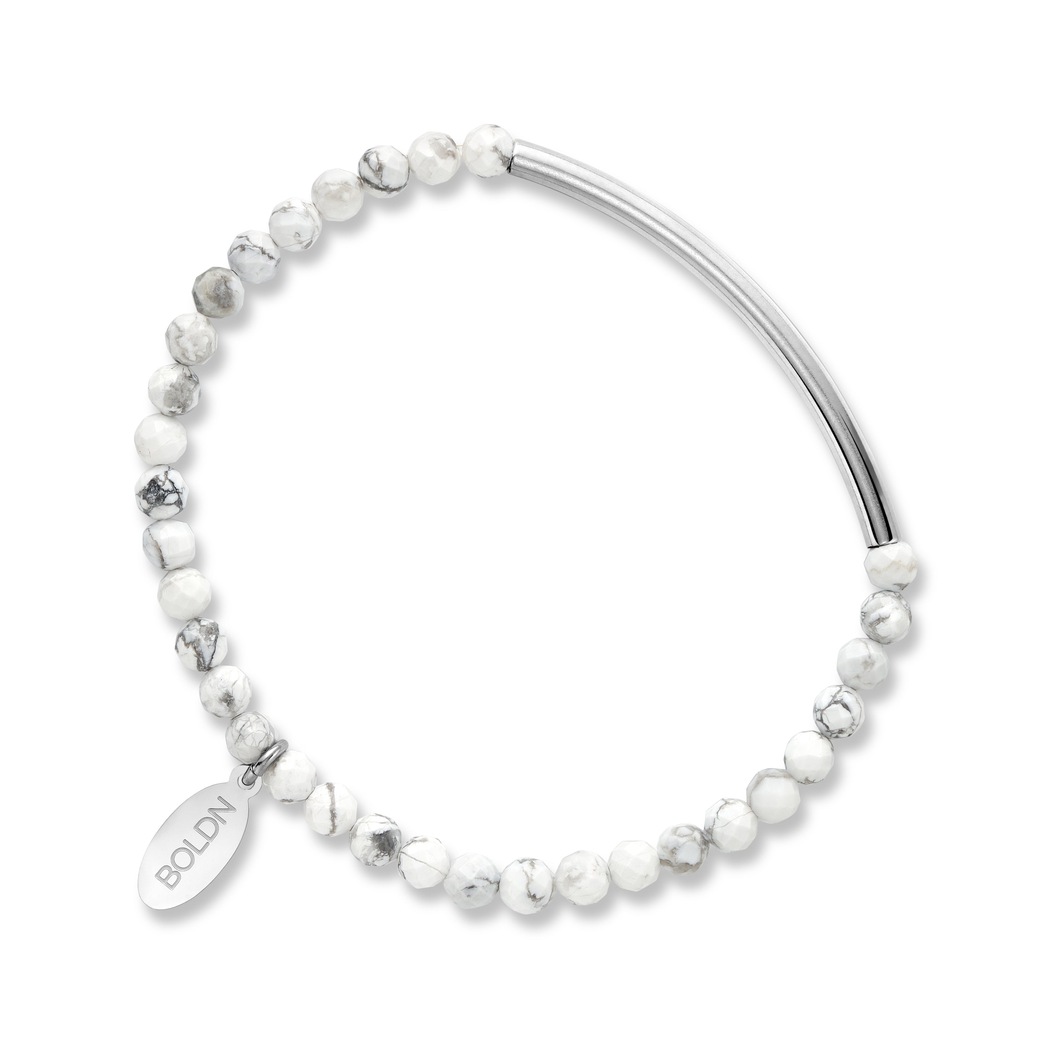Faceted white howlite 4mm bracelet with a sleek silver bar accent and a BOLDN logo charm, displayed on a white background