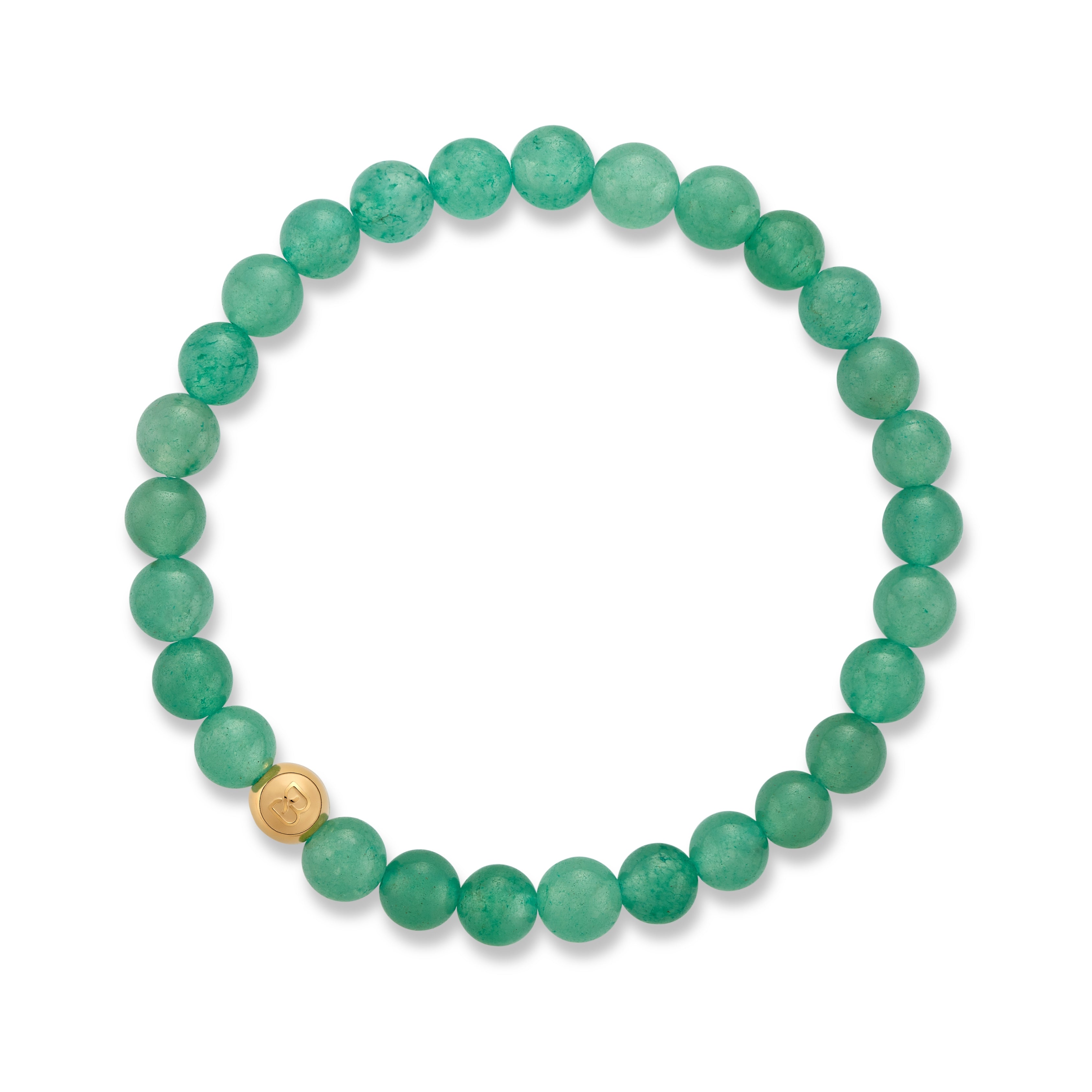 Green aventurine 6mm beaded bracelet with a gold accent bead and a BOLDN logo charm, displayed on a white background