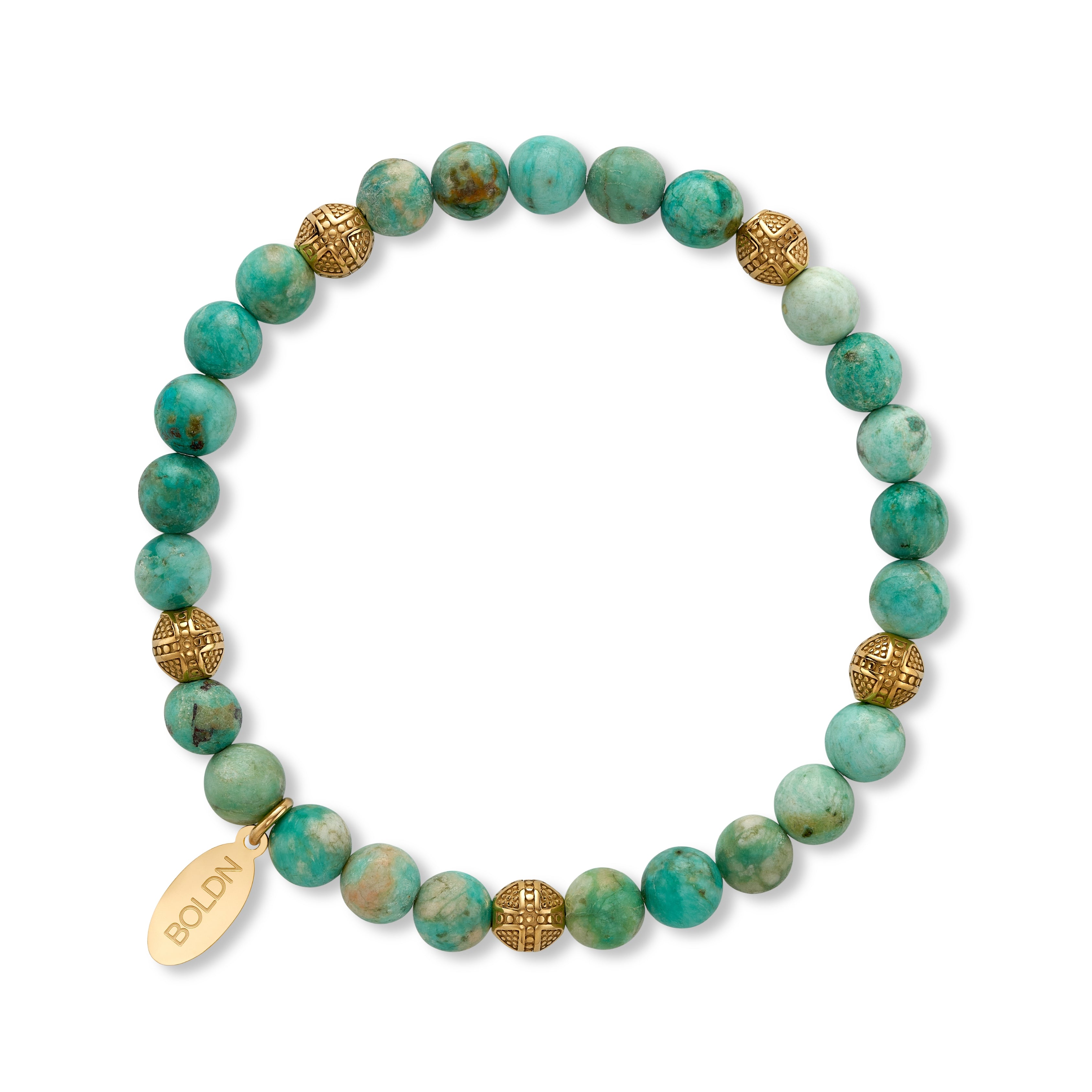 Green turquoise beaded bracelet with gold accent beads and a BOLDN logo charm, displayed on a white background