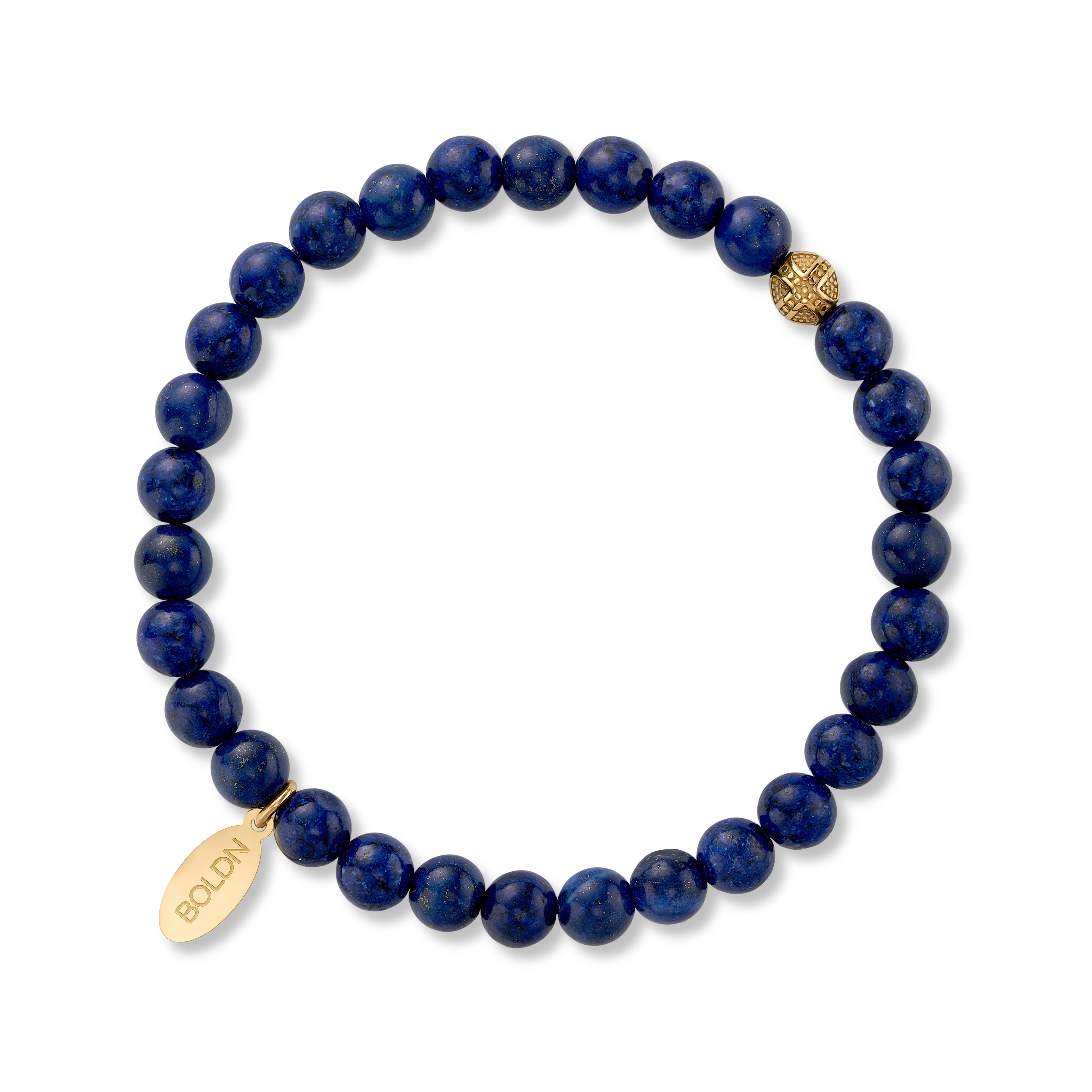Lapis lazuli 6mm beaded bracelet with a gold accent bead and BOLDN logo charm, displayed on a white background