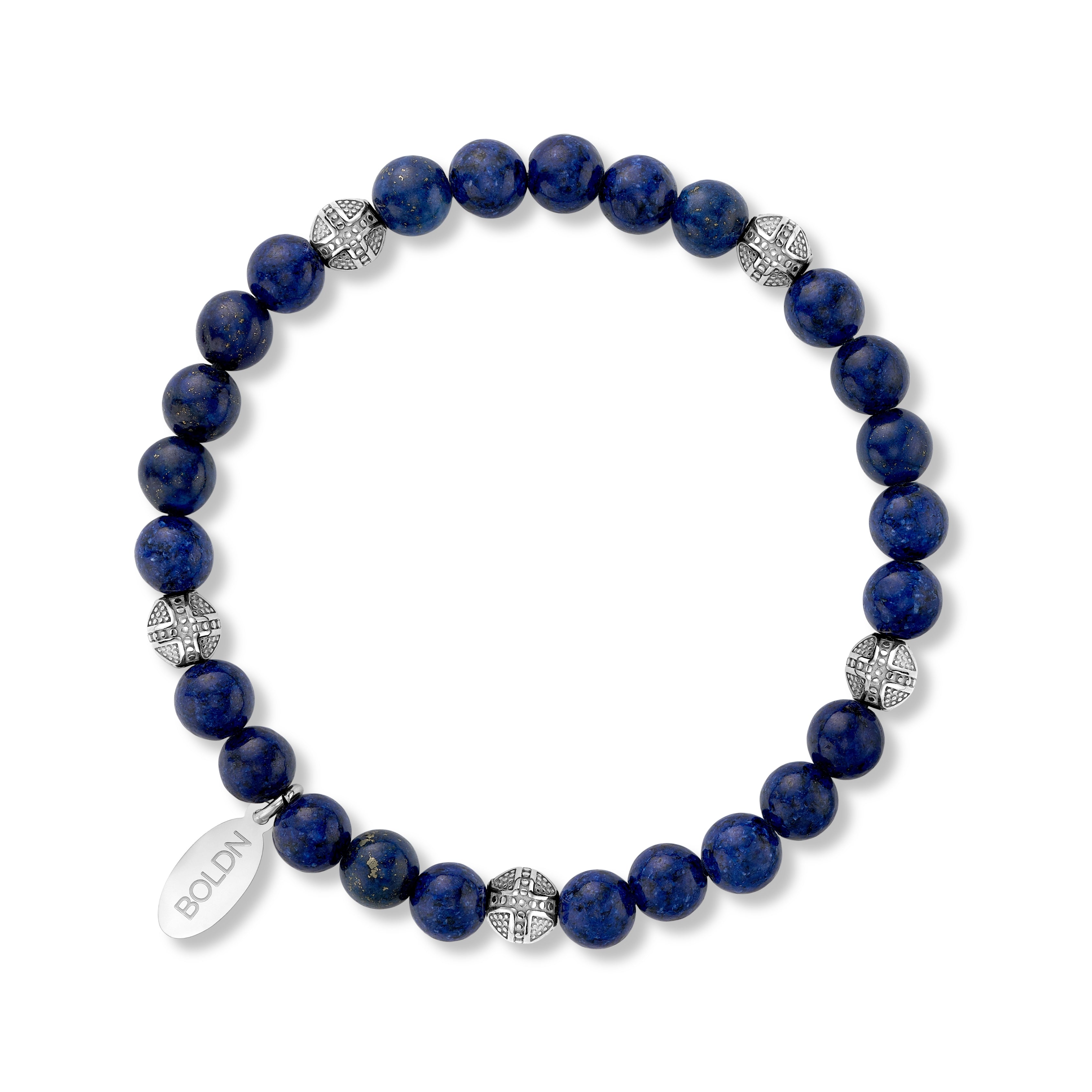 Lapis lazuli 6mm beaded bracelet with silver accent beads and a BOLDN logo charm, displayed on a white background