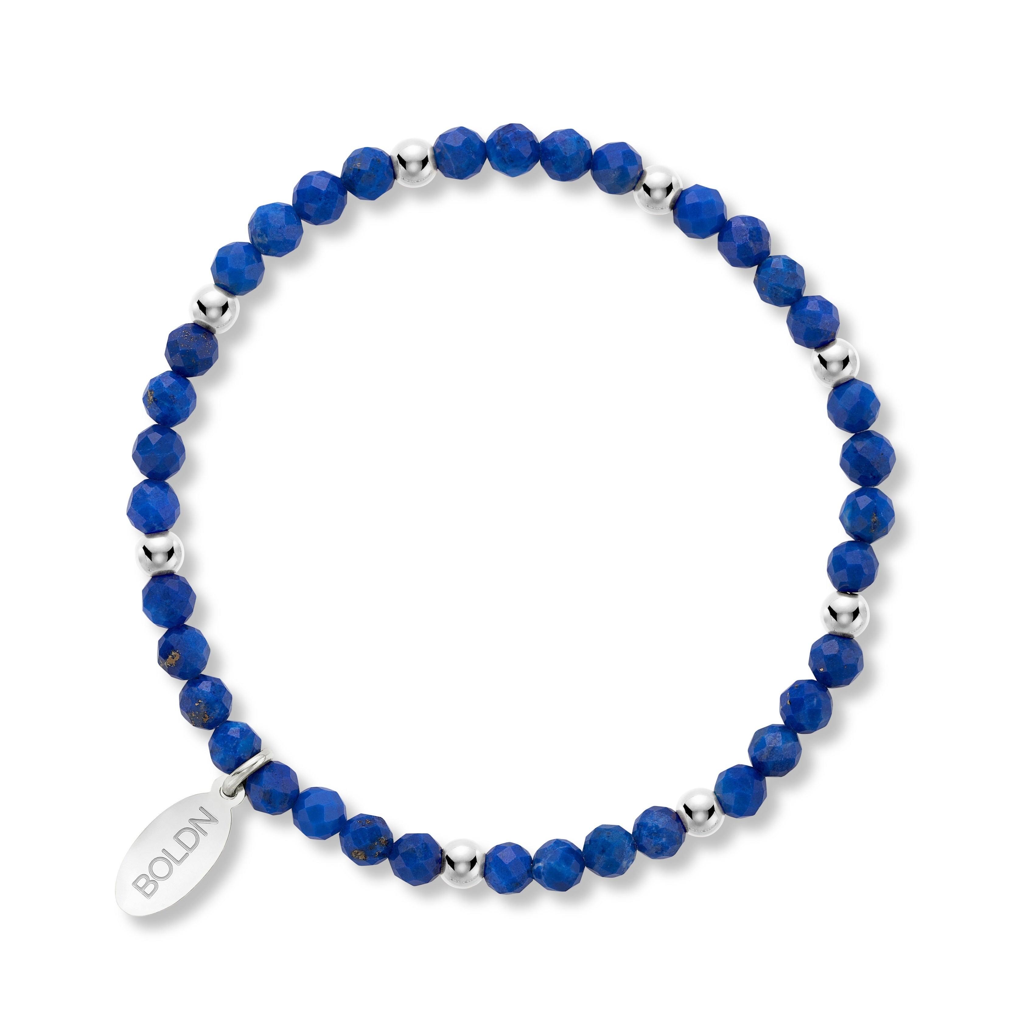 Blue beaded bracelet with silver accents on a white background