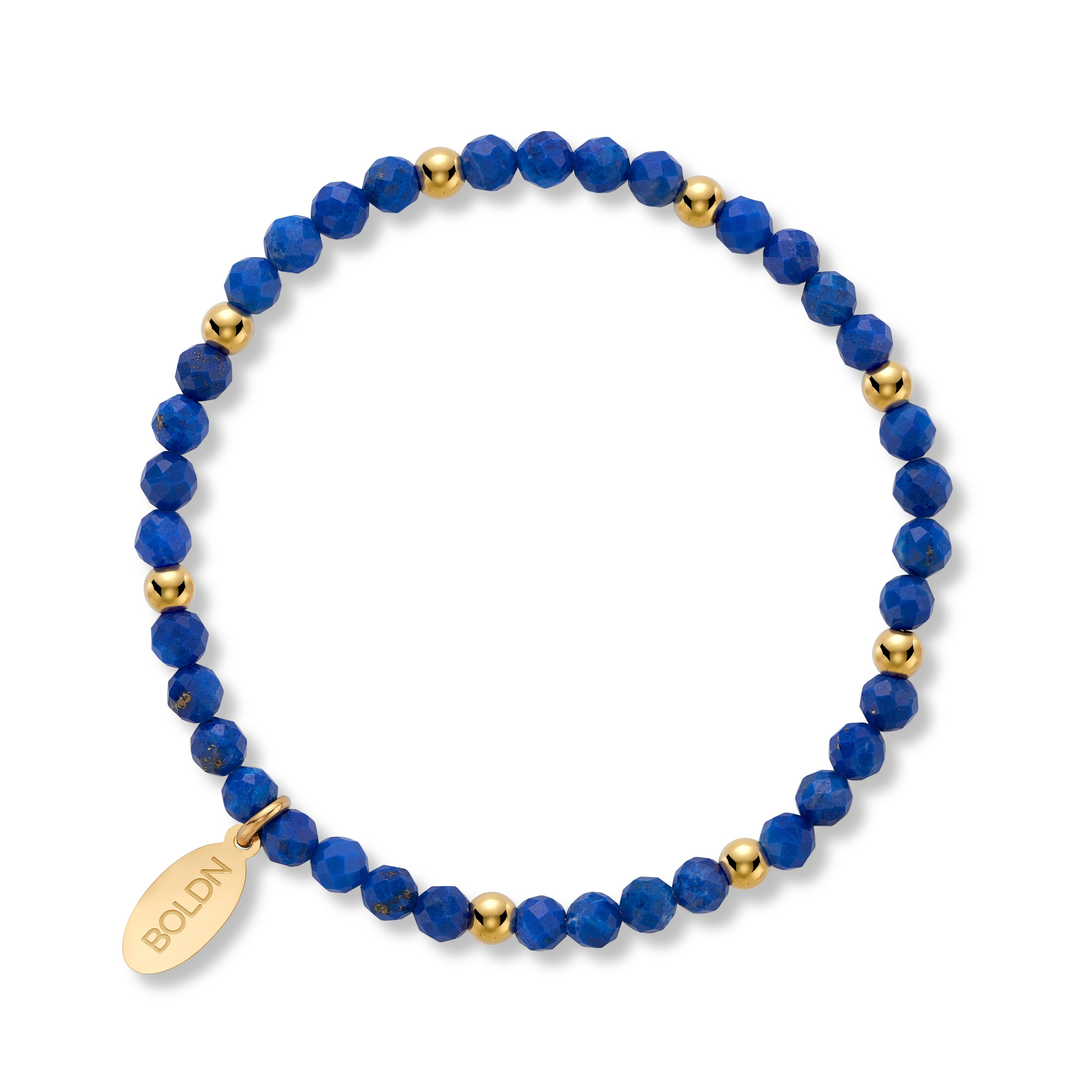 Faceted lapis lazuli 4mm beaded bracelet with gold accent beads and a BOLDN logo charm, displayed on a white background