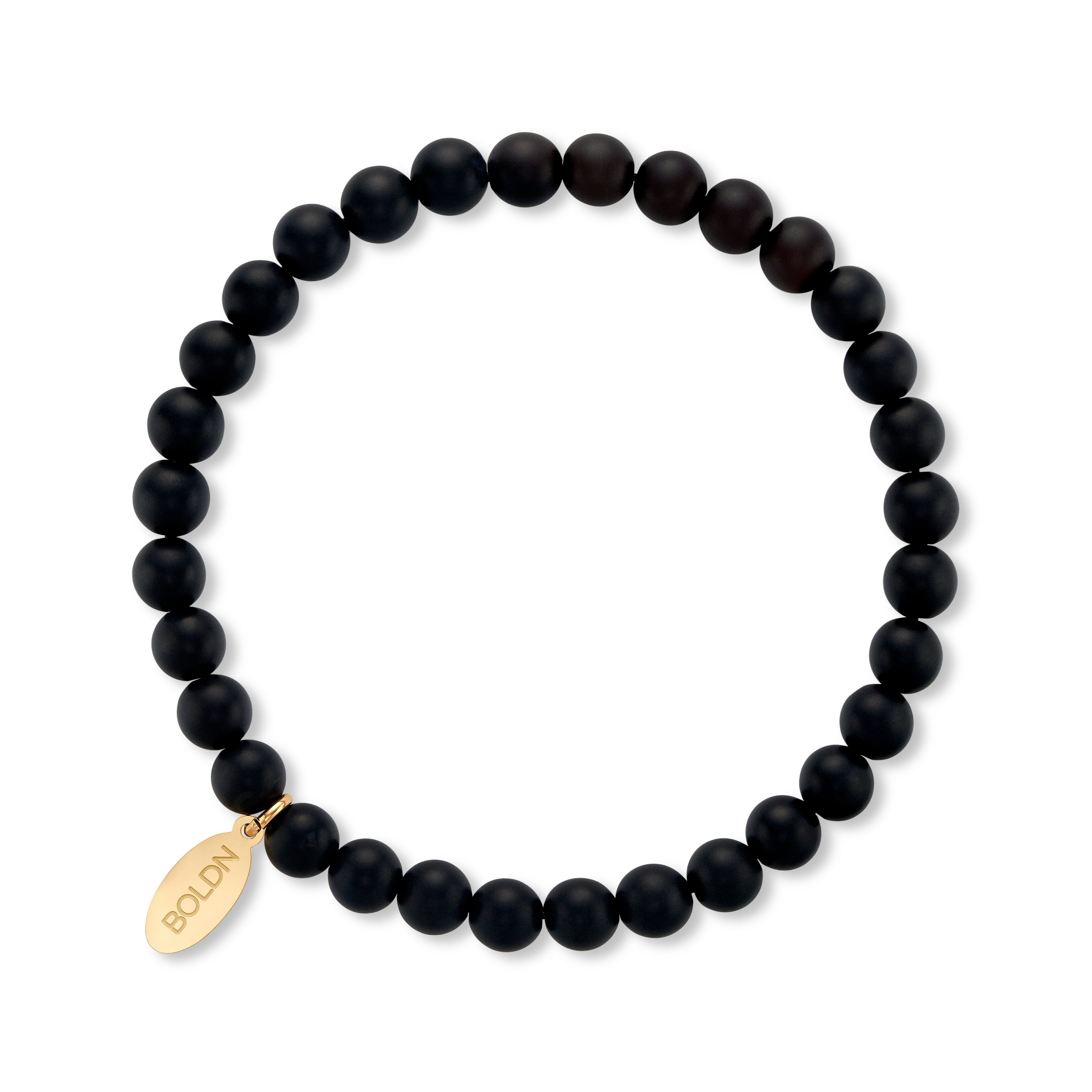 Matte black onyx 6mm beaded bracelet with a gold BOLDN logo charm, displayed on a white background