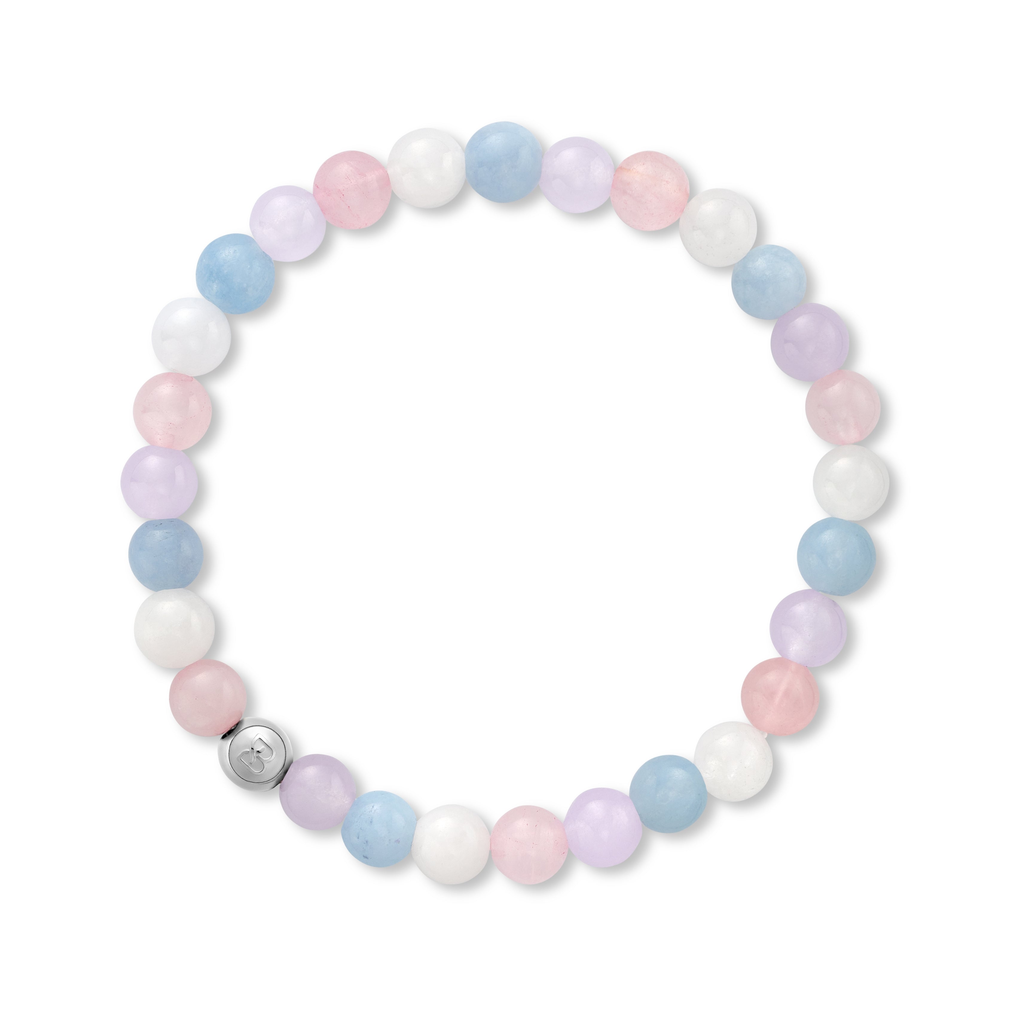 Pastel-toned 6m beaded bracelet featuring aquamarine, rose and lavender quartz, and white jade beads with a silver BOLDN logo charm, displayed on a white background