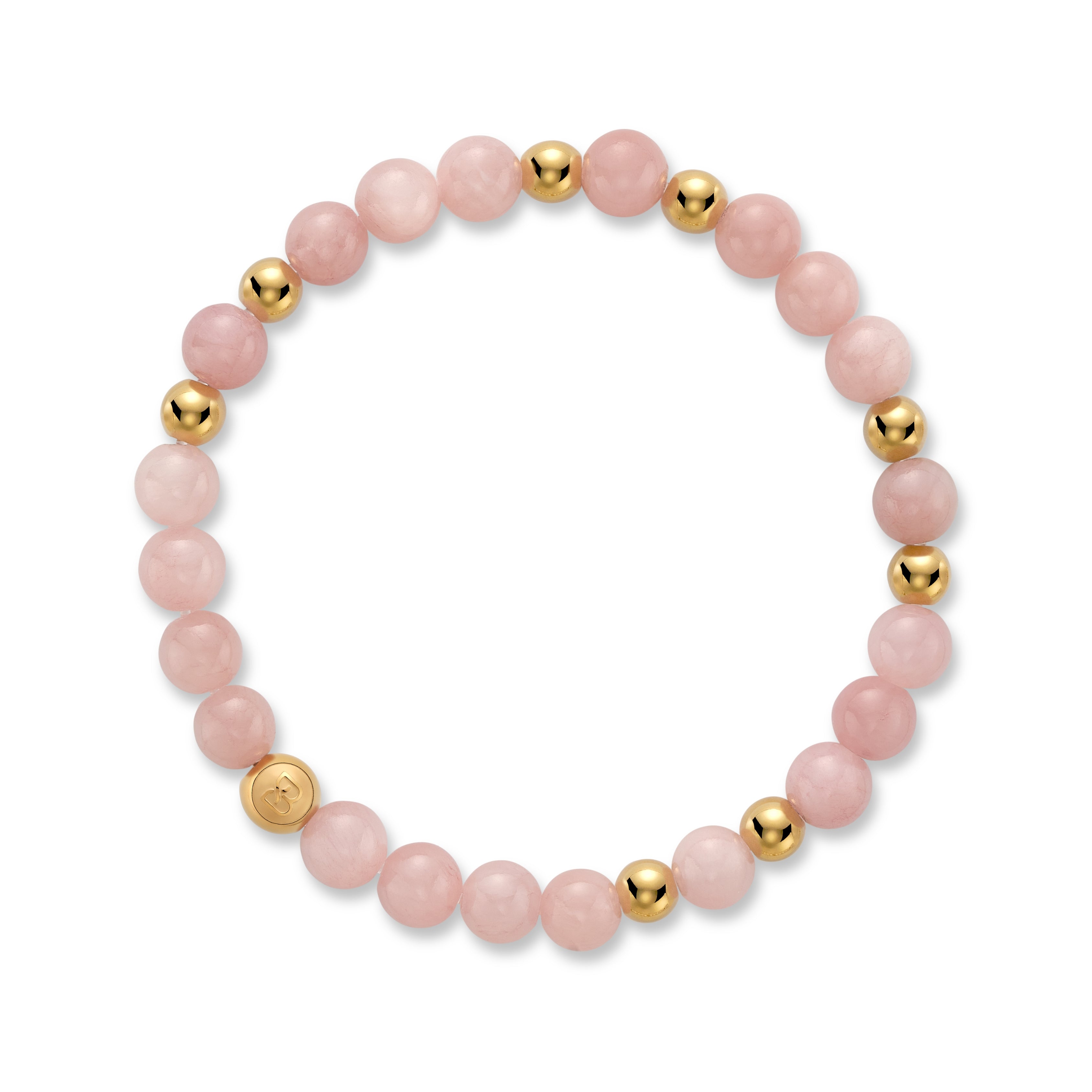 Rose sunstone 6mm beaded bracelet with gold accent beads and a BOLDN logo charm, displayed on a white background
