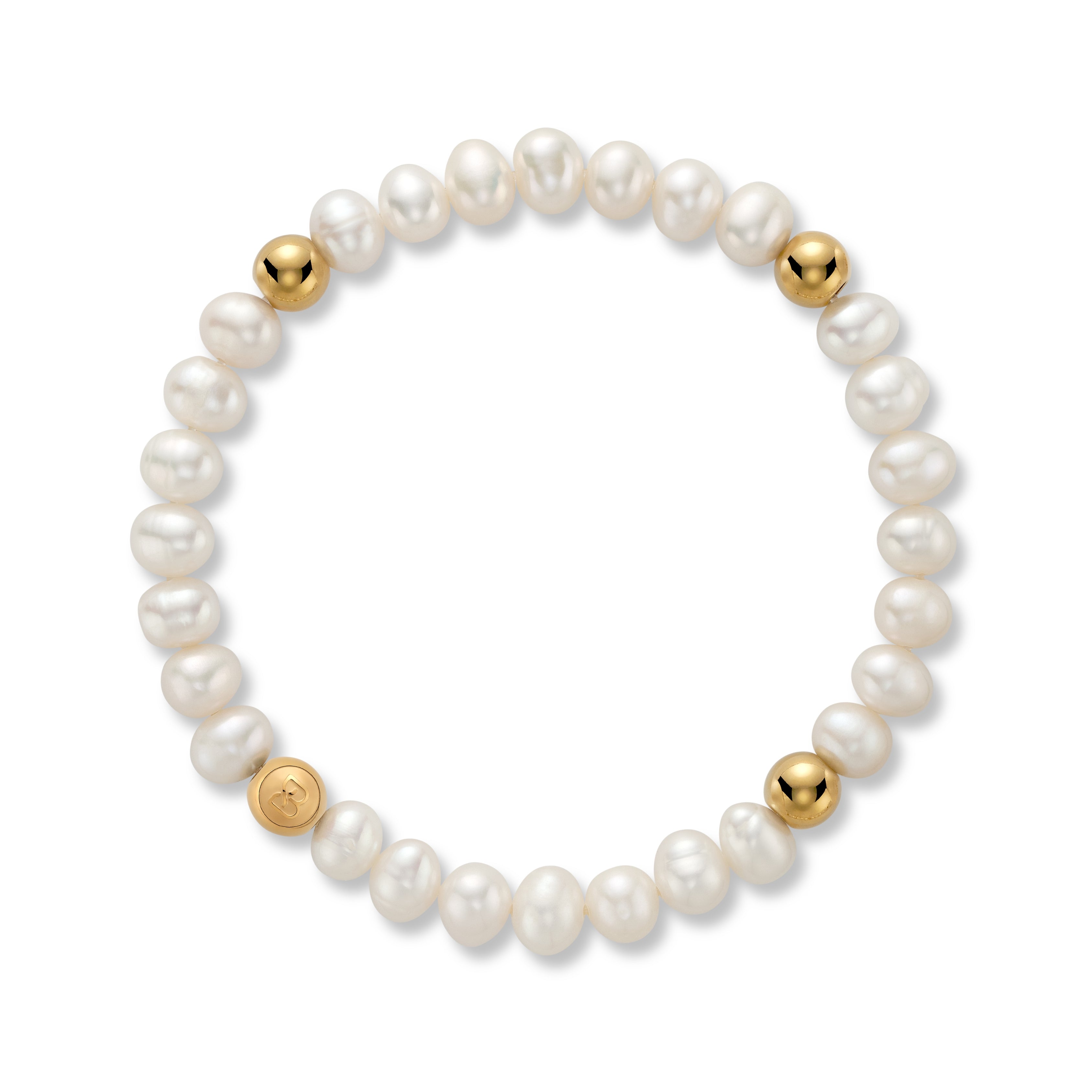 White freshwater 6mm pearl bracelet with gold accent beads and a gold BOLDN logo charm, displayed on a white background