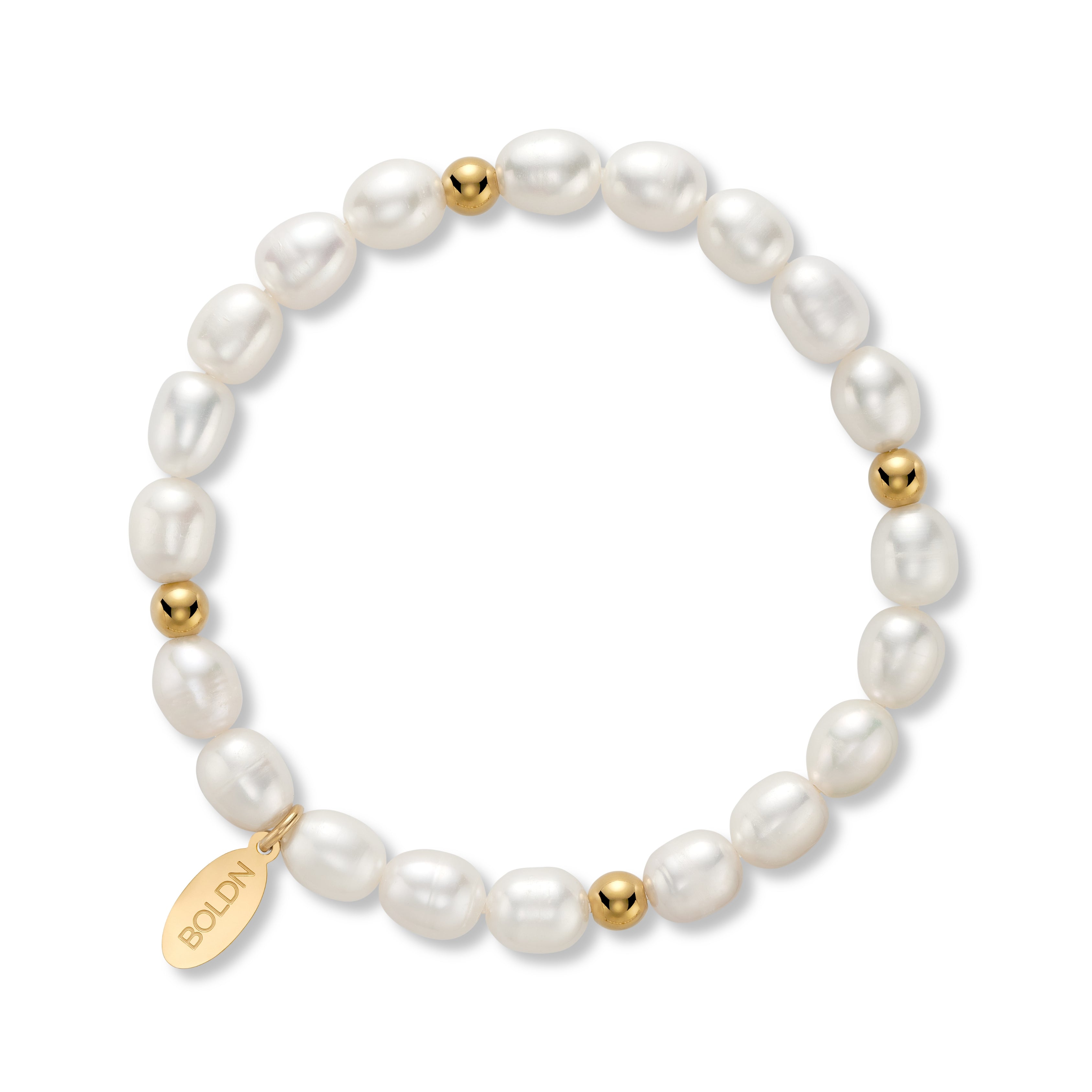 Elegant white freshwater 8mm pearl bracelet with gold accent beads and a gold BOLDN logo charm, displayed on a white background