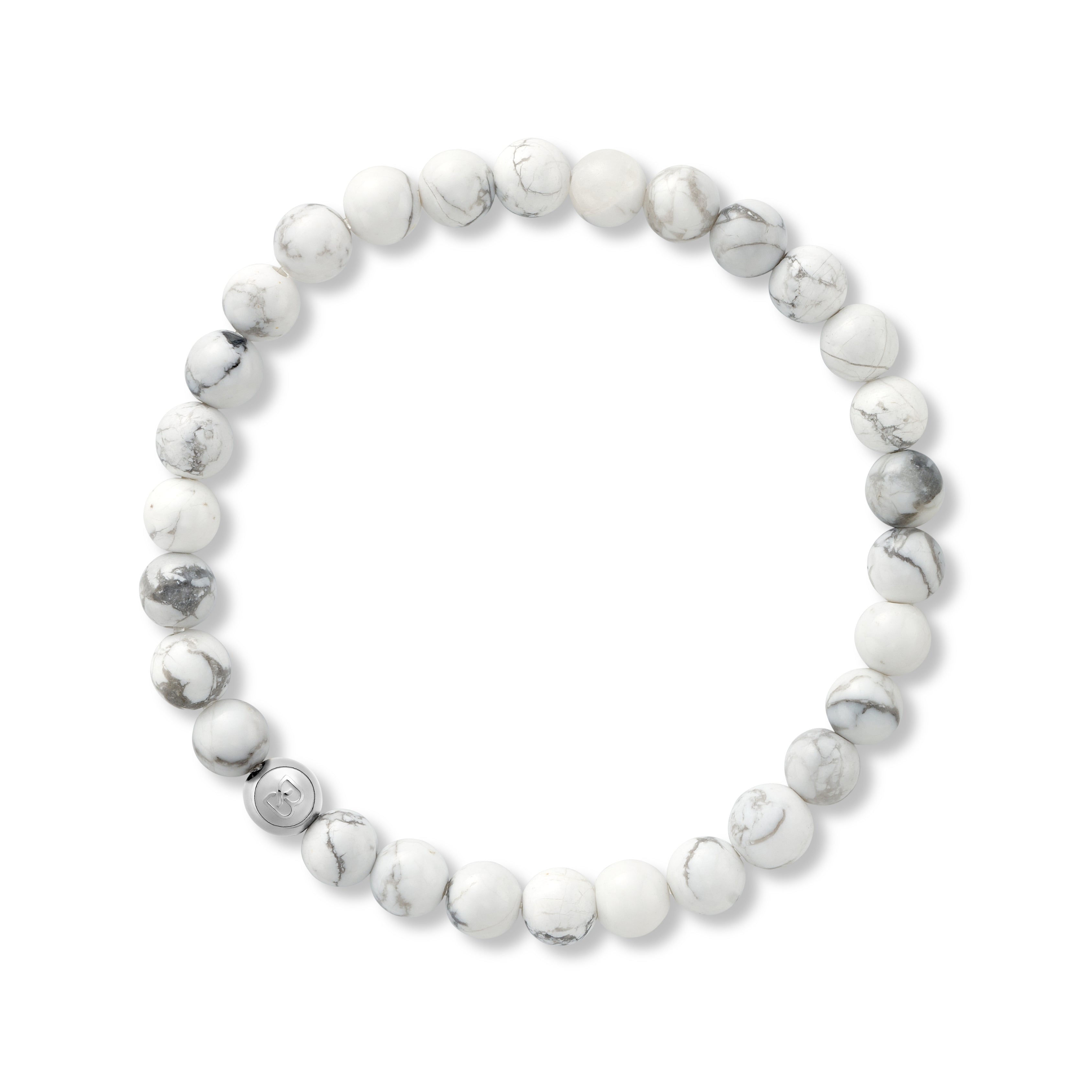 White howlite 6mm beaded bracelet with a silver BOLDN logo charm, featuring natural gray veining, displayed on a white background