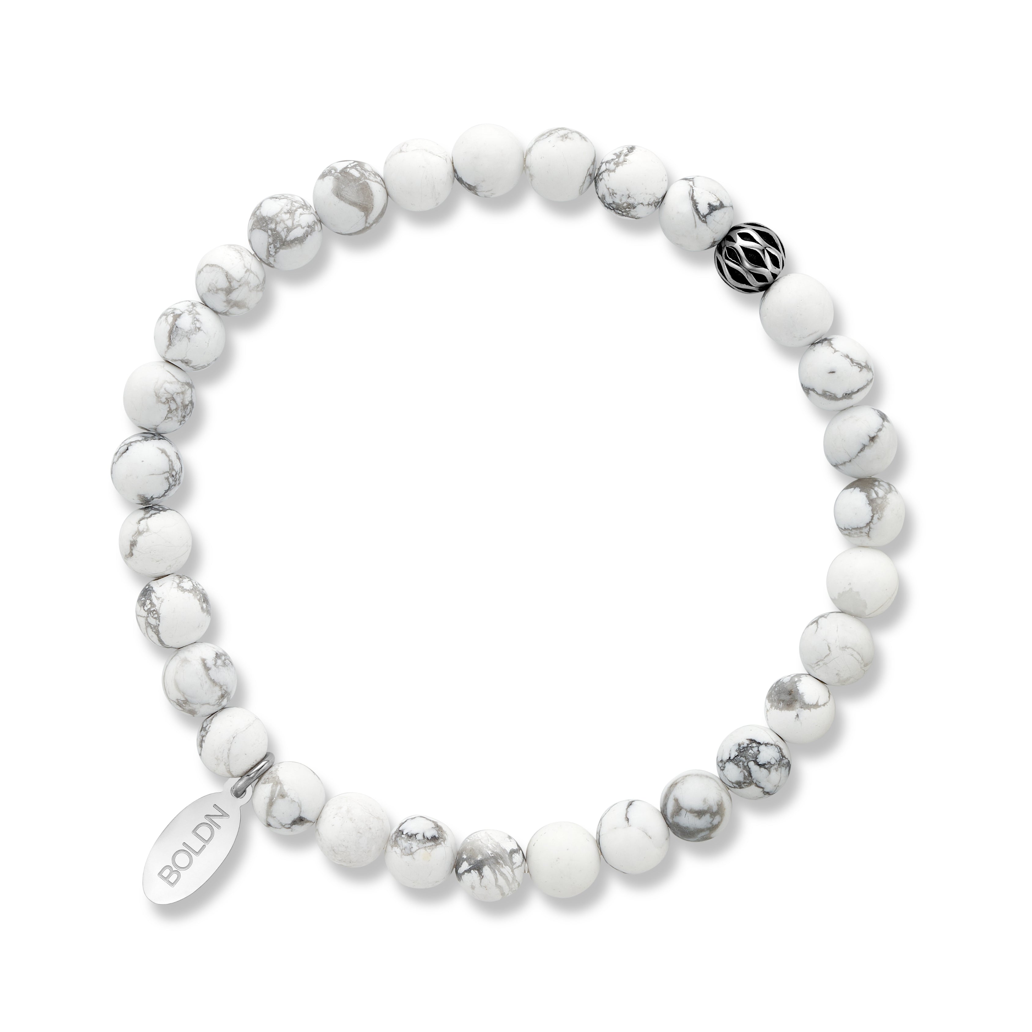 White howlite 6mm beaded bracelet with a silver accent bead and a silver BOLDN logo charm, displayed on a white background