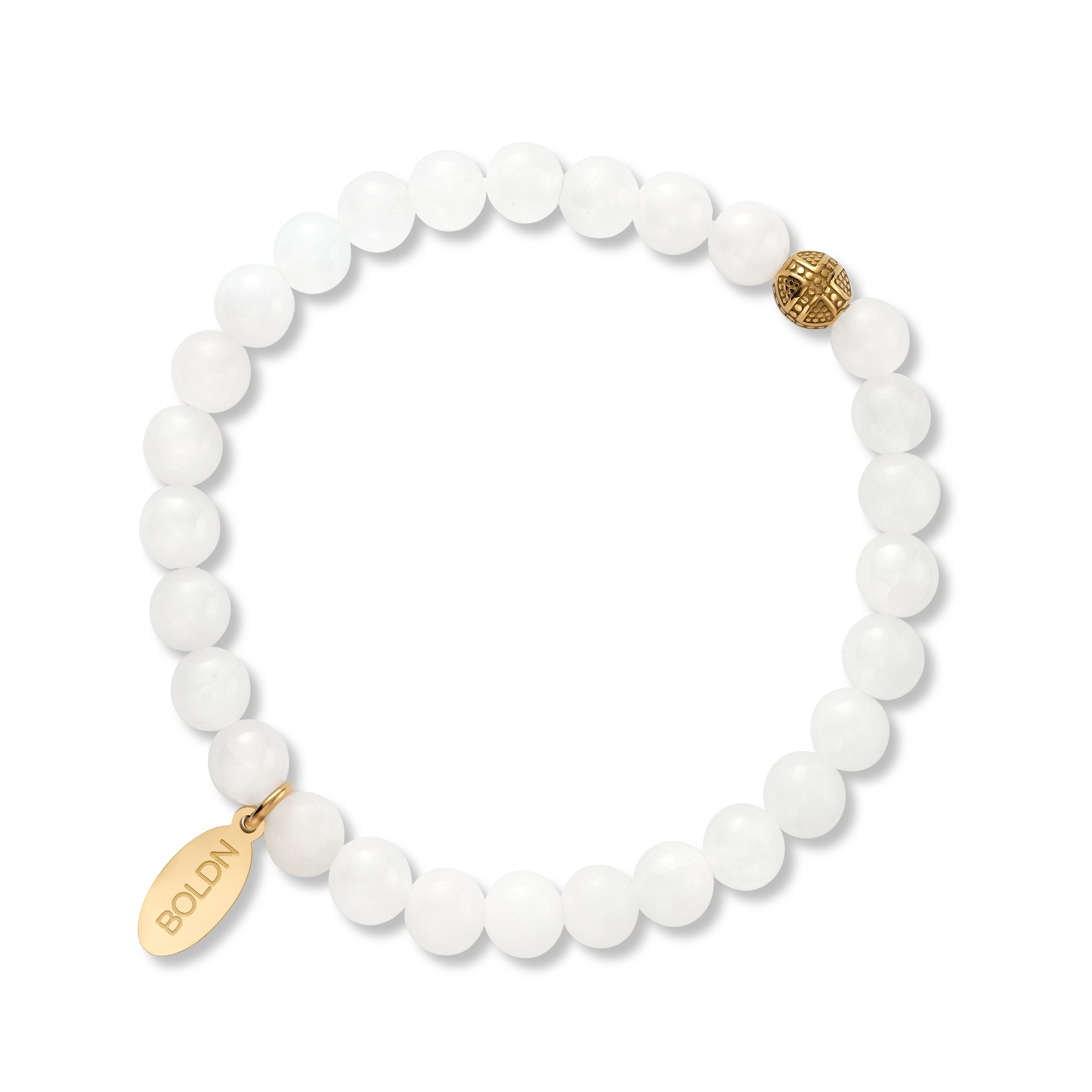 White jade 6mm beaded bracelet with a gold BOLDN logo charm and a  gold accent bead, displayed on a white background