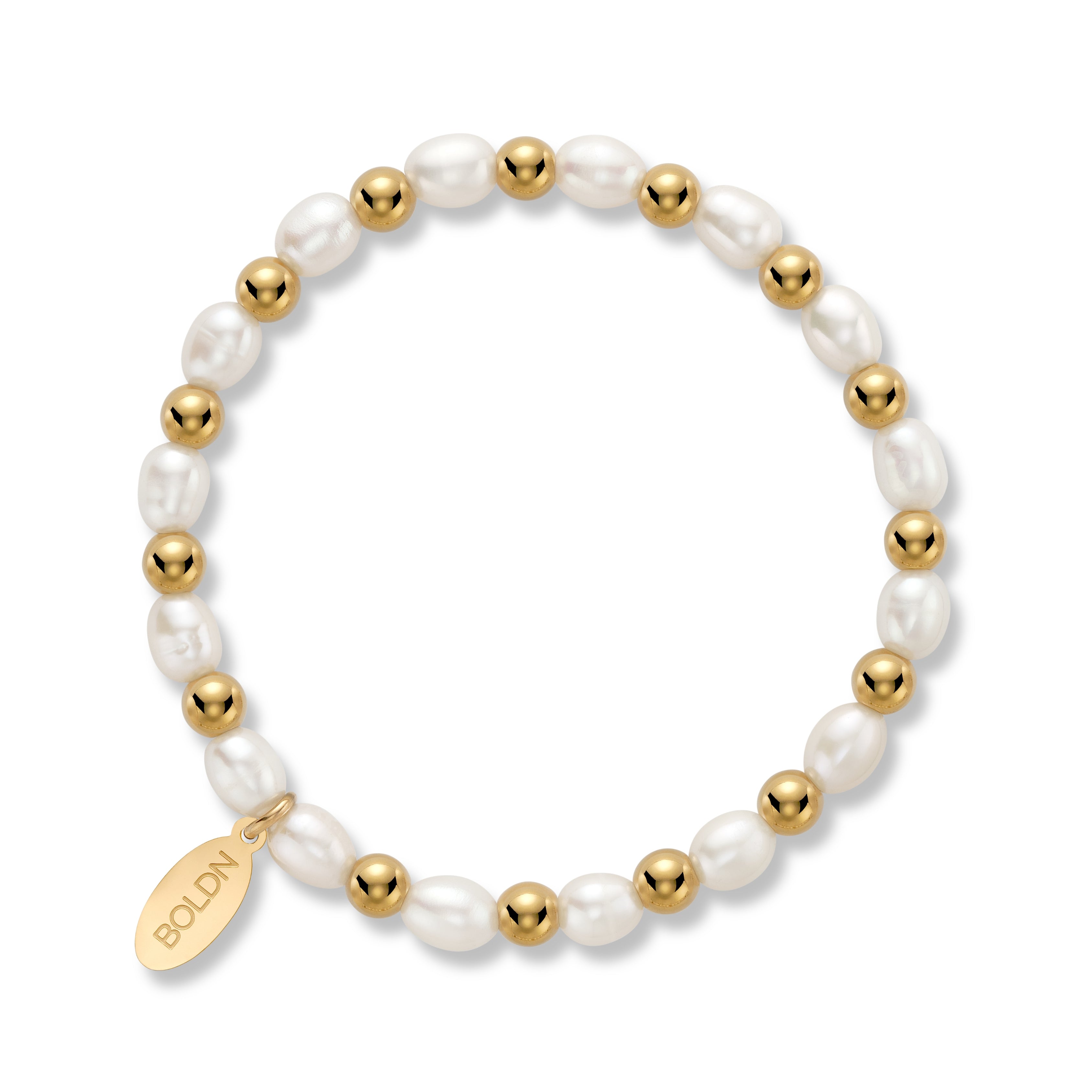 White freshwater pearl 6mm beaded bracelet with gold accent beads and a BOLDN logo charm, displayed on a white background