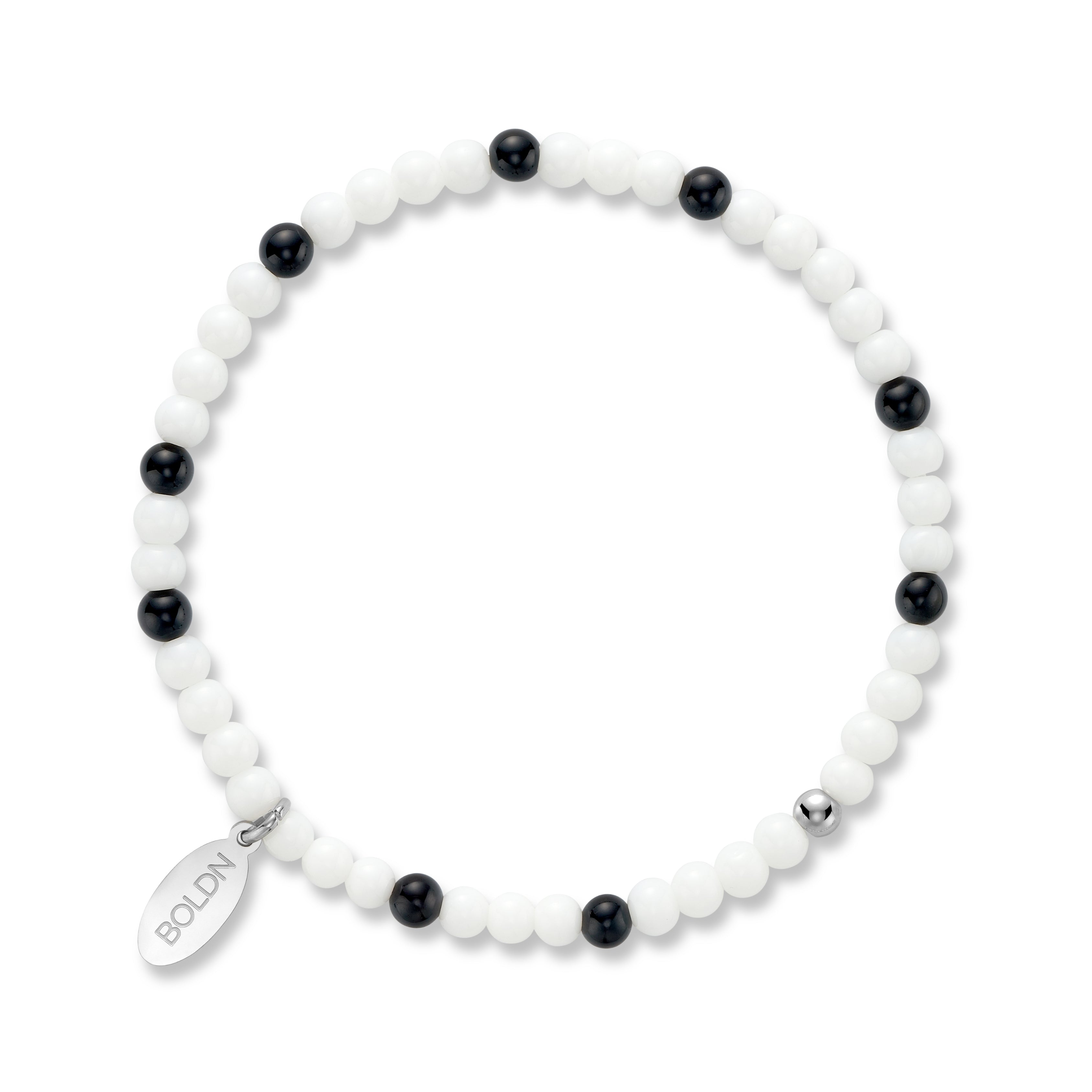 White porcelain beaded 4mm bracelet accented with black onyx beads and a silver BOLDN logo charm, displayed on a white background