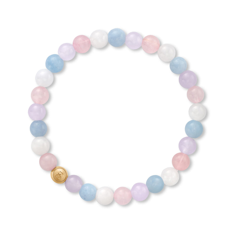 Pastel beaded bracelet with a gold bead on a white background